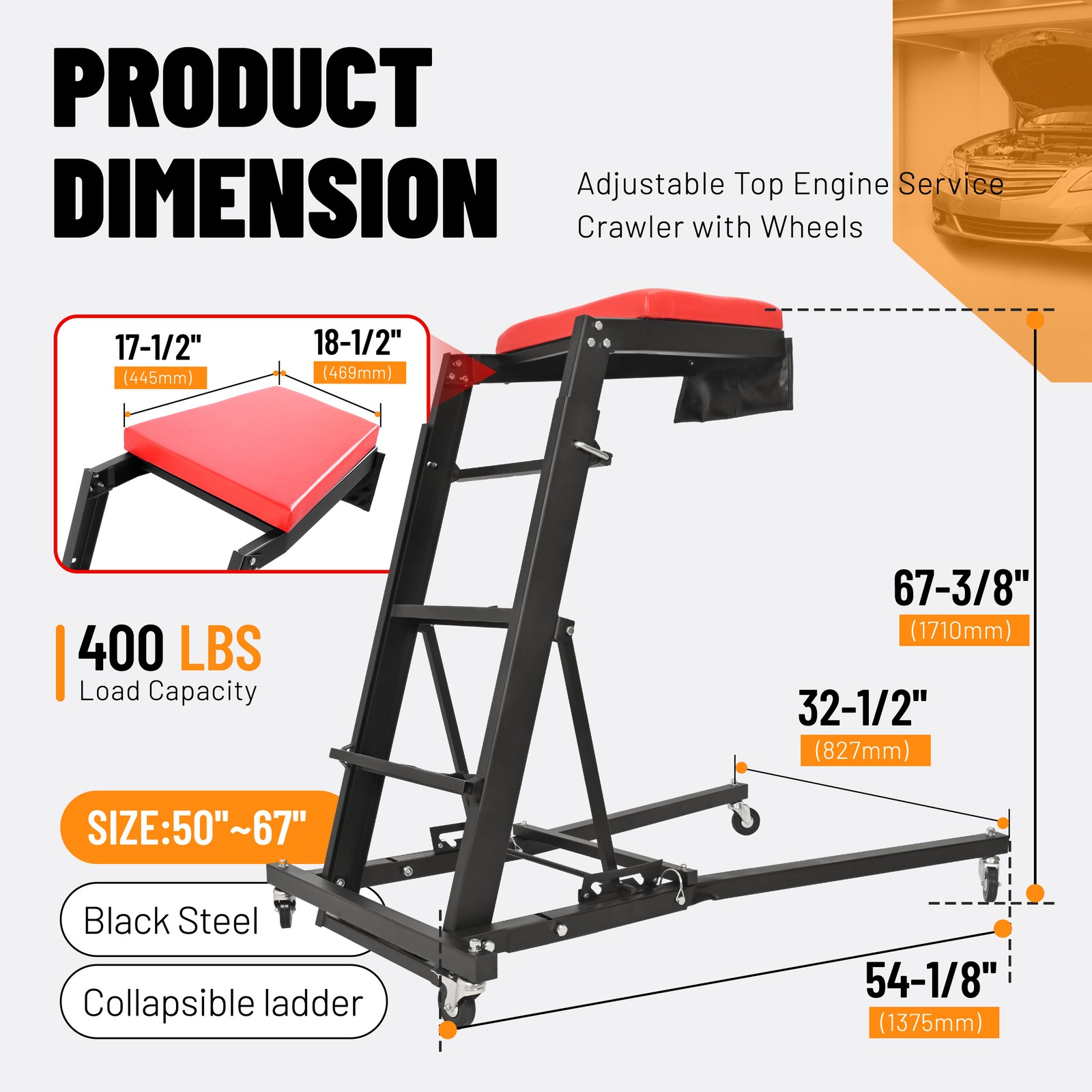 Foldable Automotive Topside Creeper Adjustable Height Movable Ladder 400Lbs - Image 3