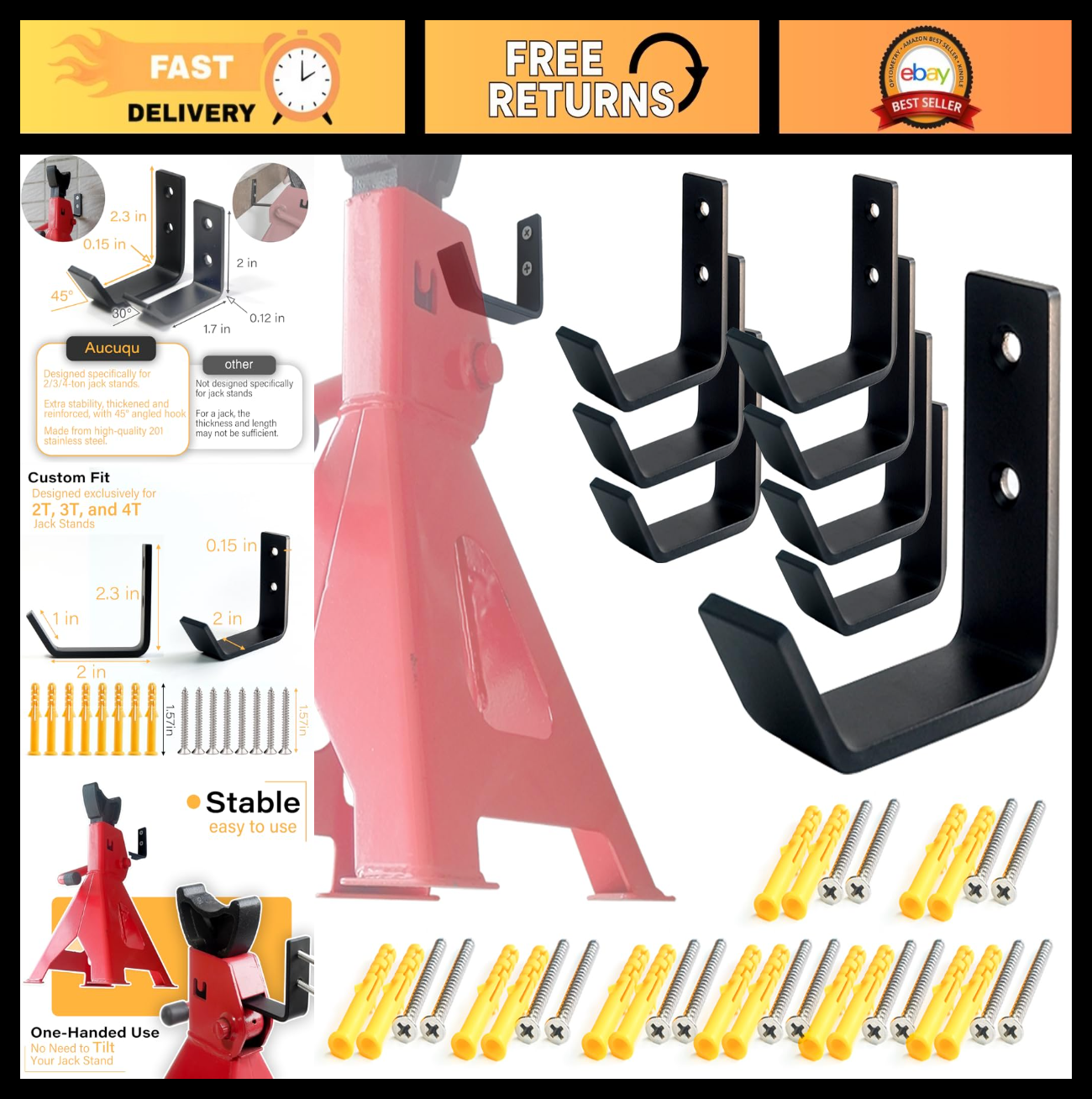 8 Pack Heavy Duty Jack Stand Wall Mount Organizer - Stainless Steel Holder Hooks