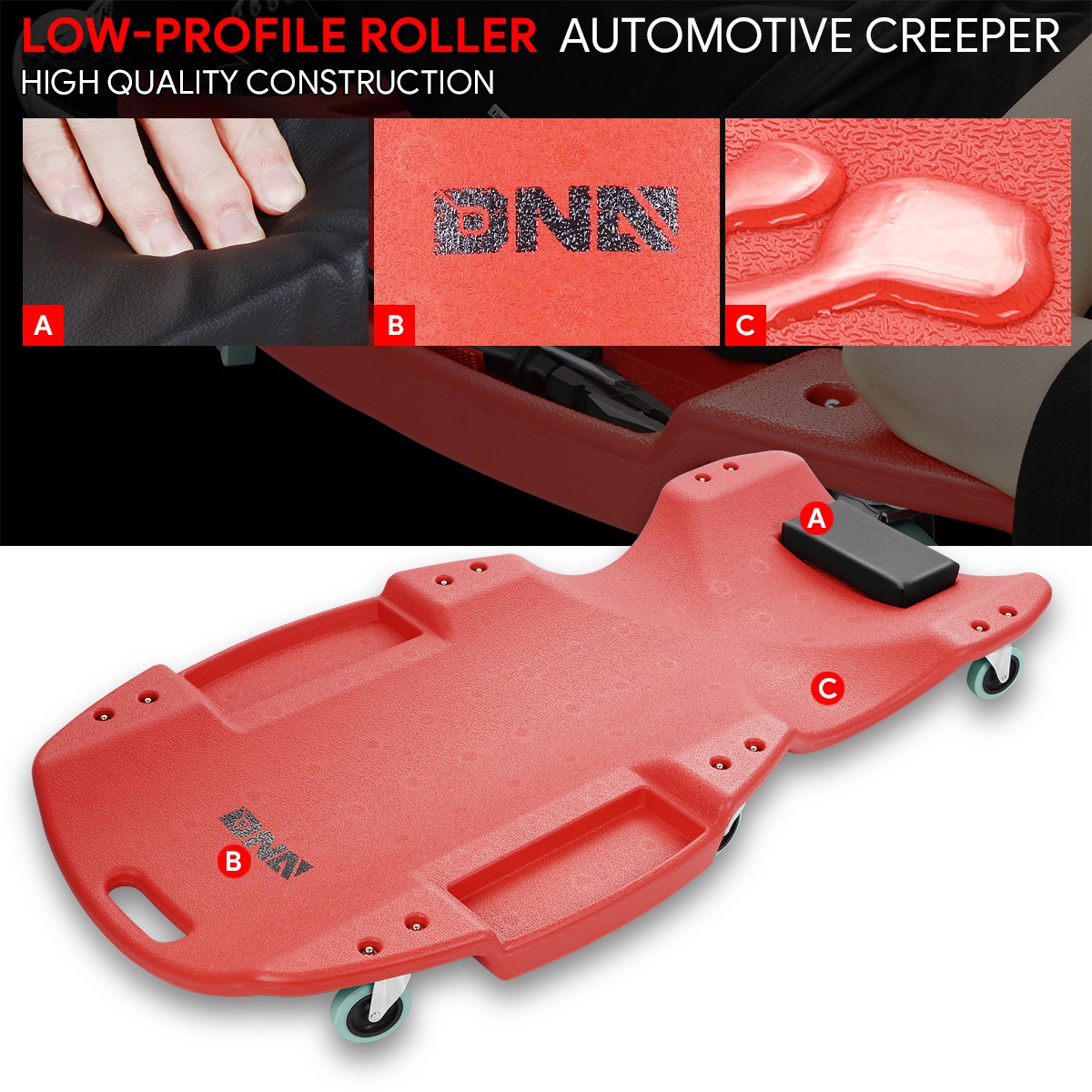 47" Low Profile Roller Mechanic Repair Automotive Creeper Red w/Padded Headrest - Image 3
