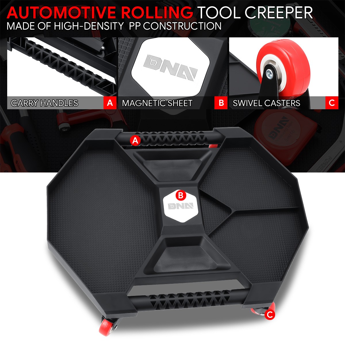 DNA Motoring 21"x 15"x 4.5" Mechanic Automotive Rolling Tool Tray Creeper w/Lamp - Image 3