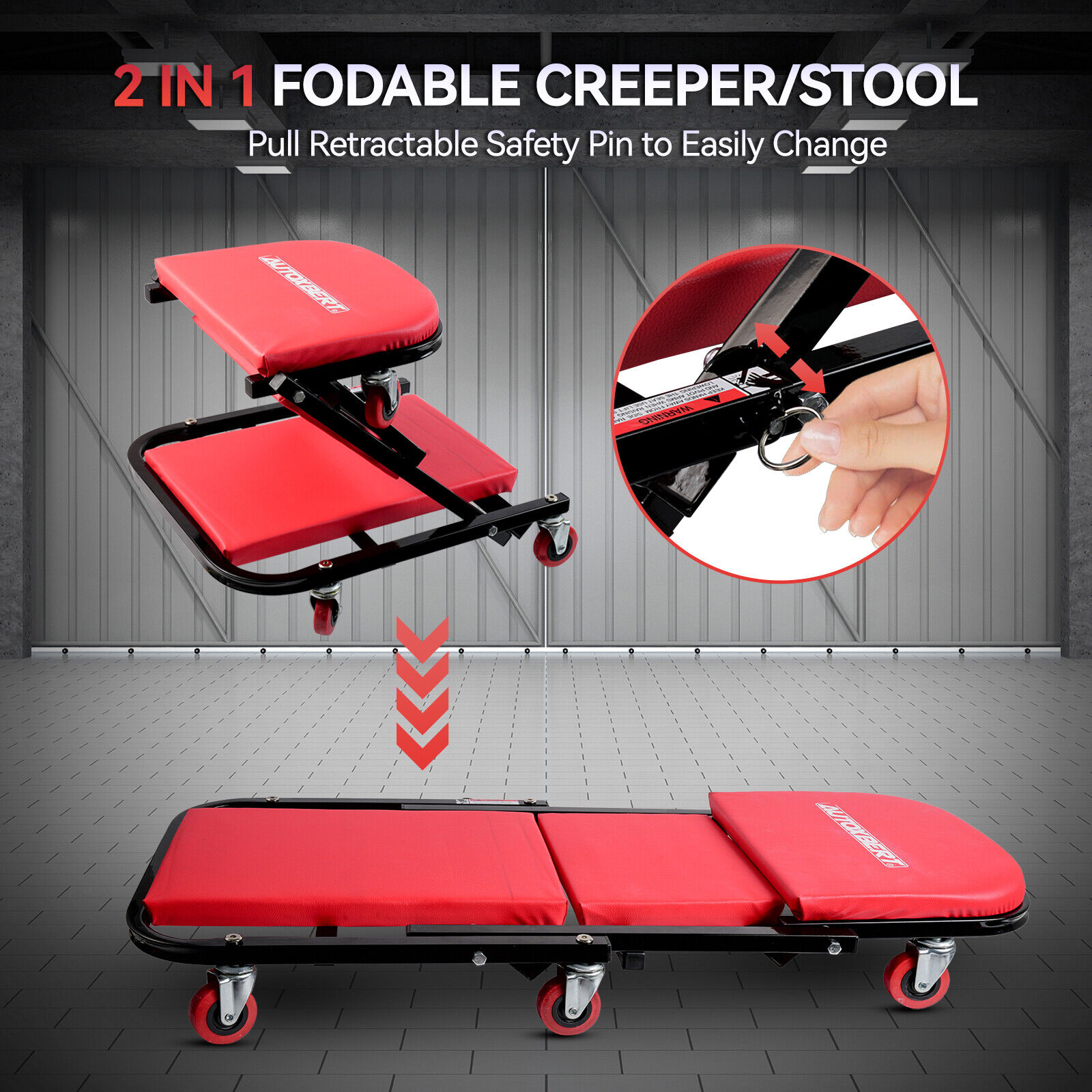 36'' Z Folding Mechanic Under Car Creeper Rolling Garage Stool Chair Roller Seat - Image 2