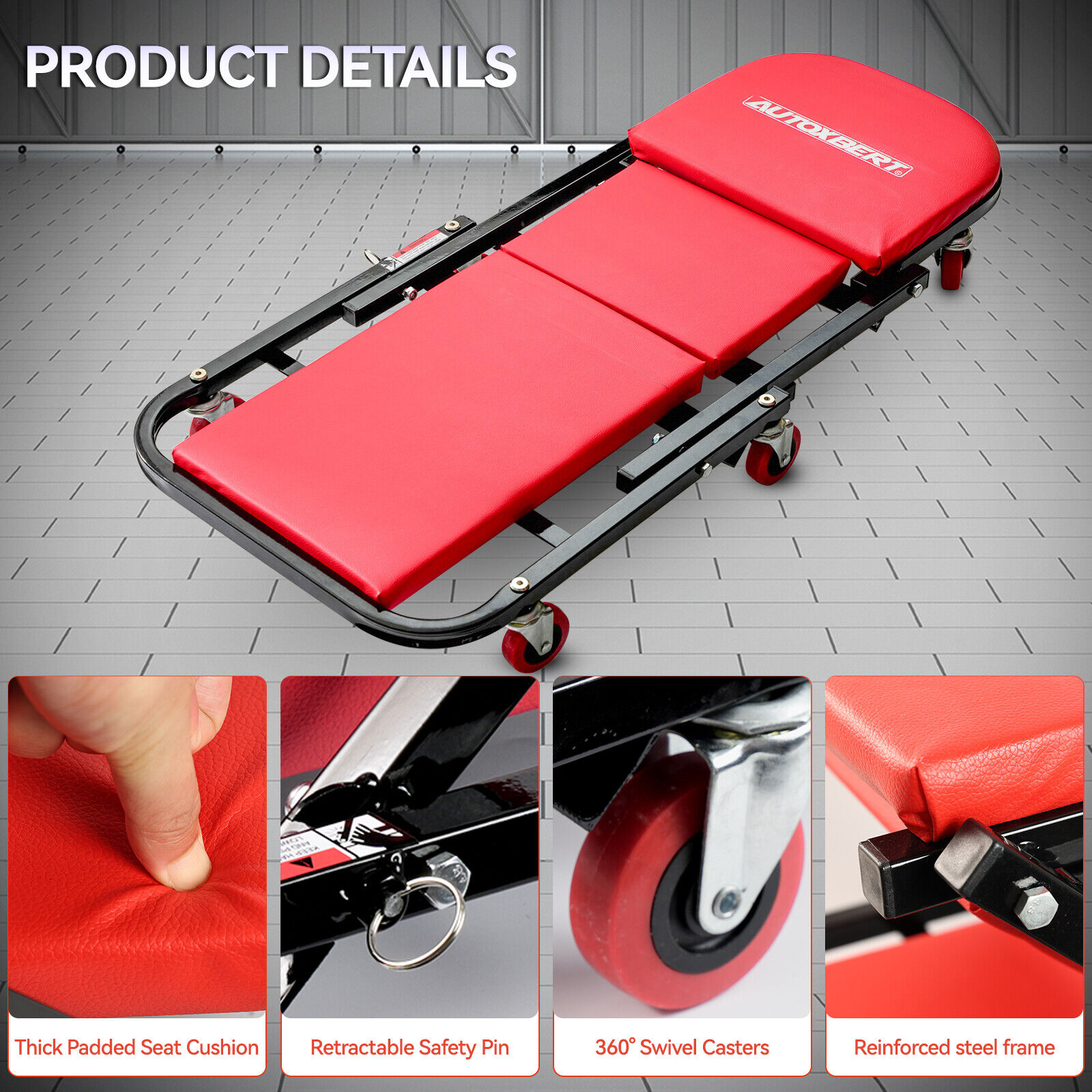 36'' Z Folding Mechanic Under Car Creeper Rolling Garage Stool Chair Roller Seat - Image 4