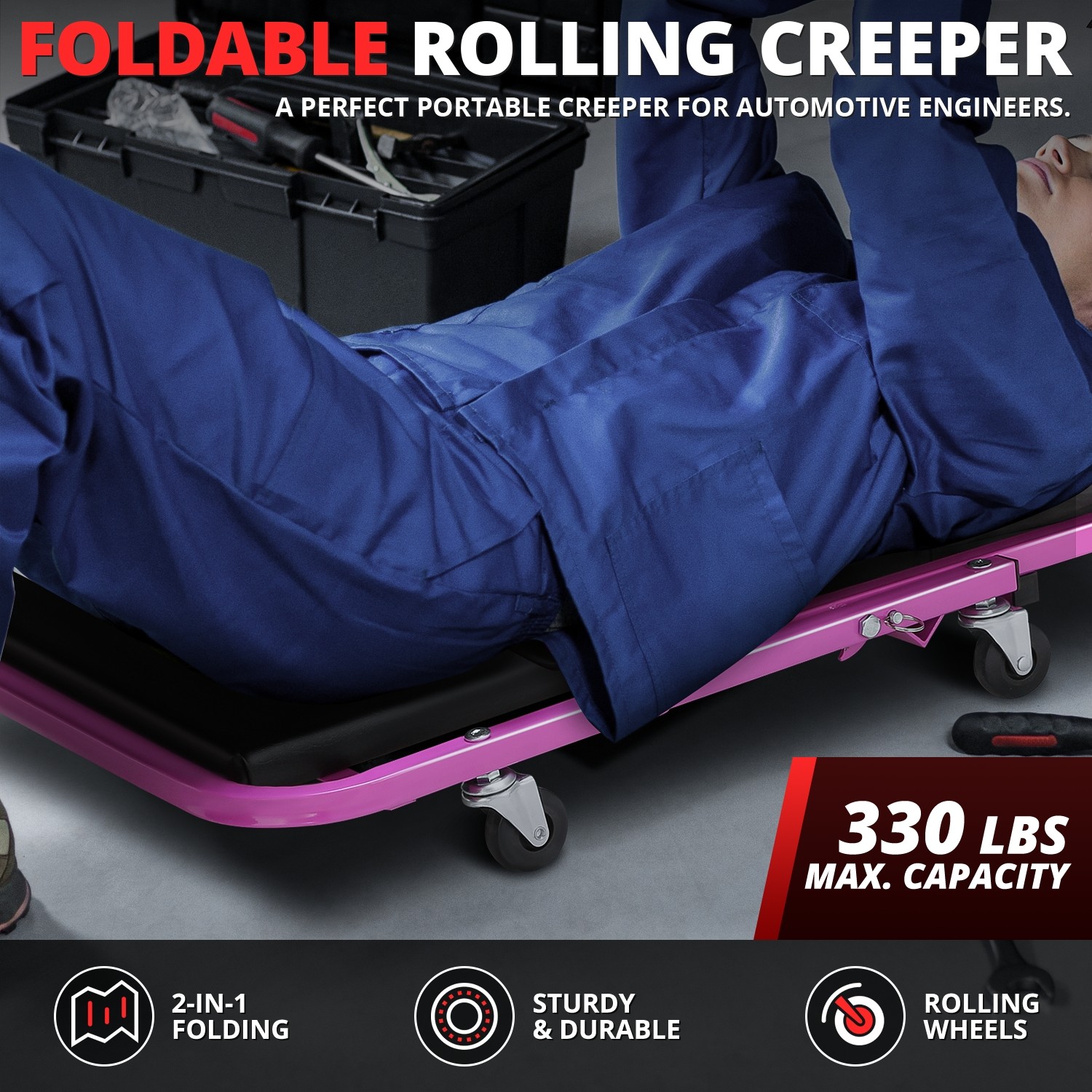 40" Folding Automotive Creeper for Garage Mechanic Rolling Under Car Purple - Image 2