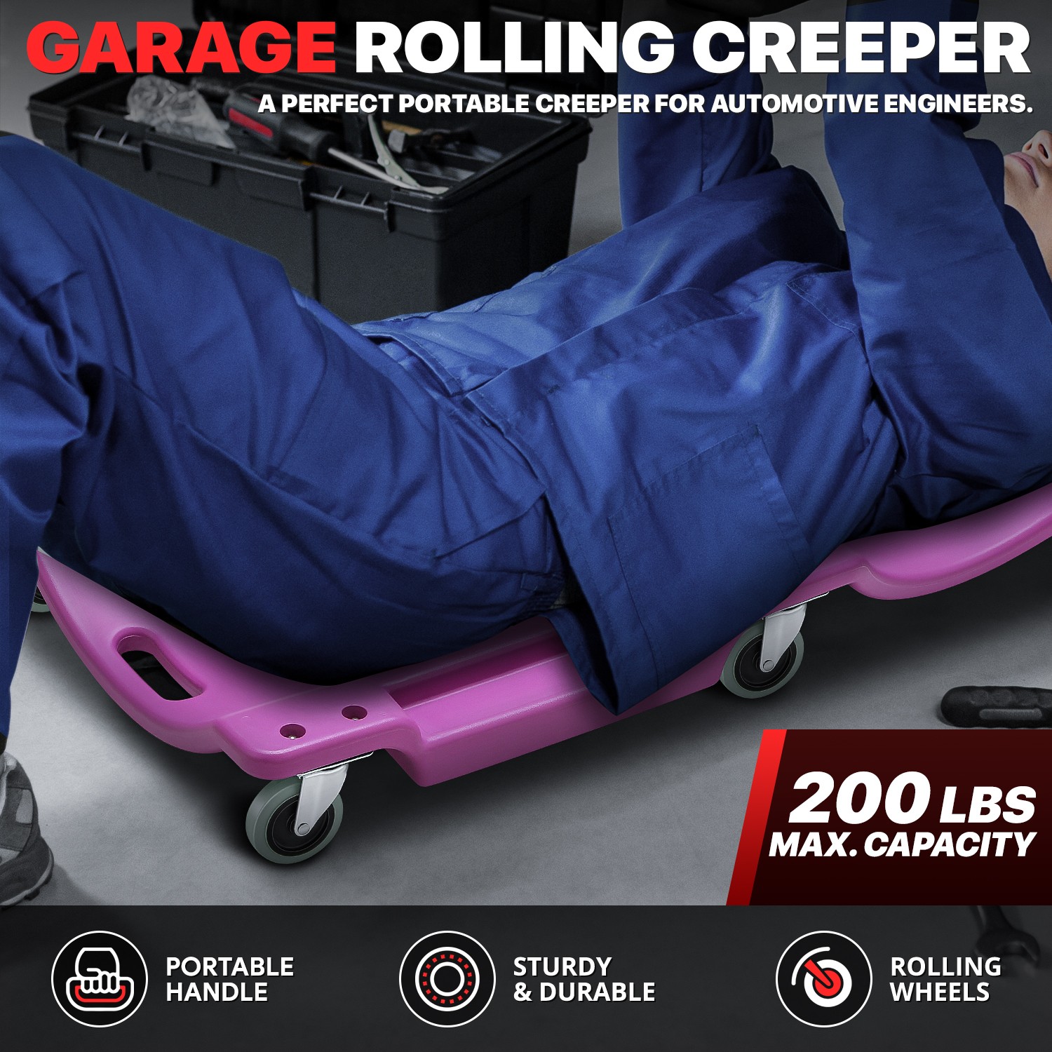 40"X 18.5" 200Lbs Purple Mechanic Blow Molded Ergonomic HDPE Automotive Creeper - Image 2