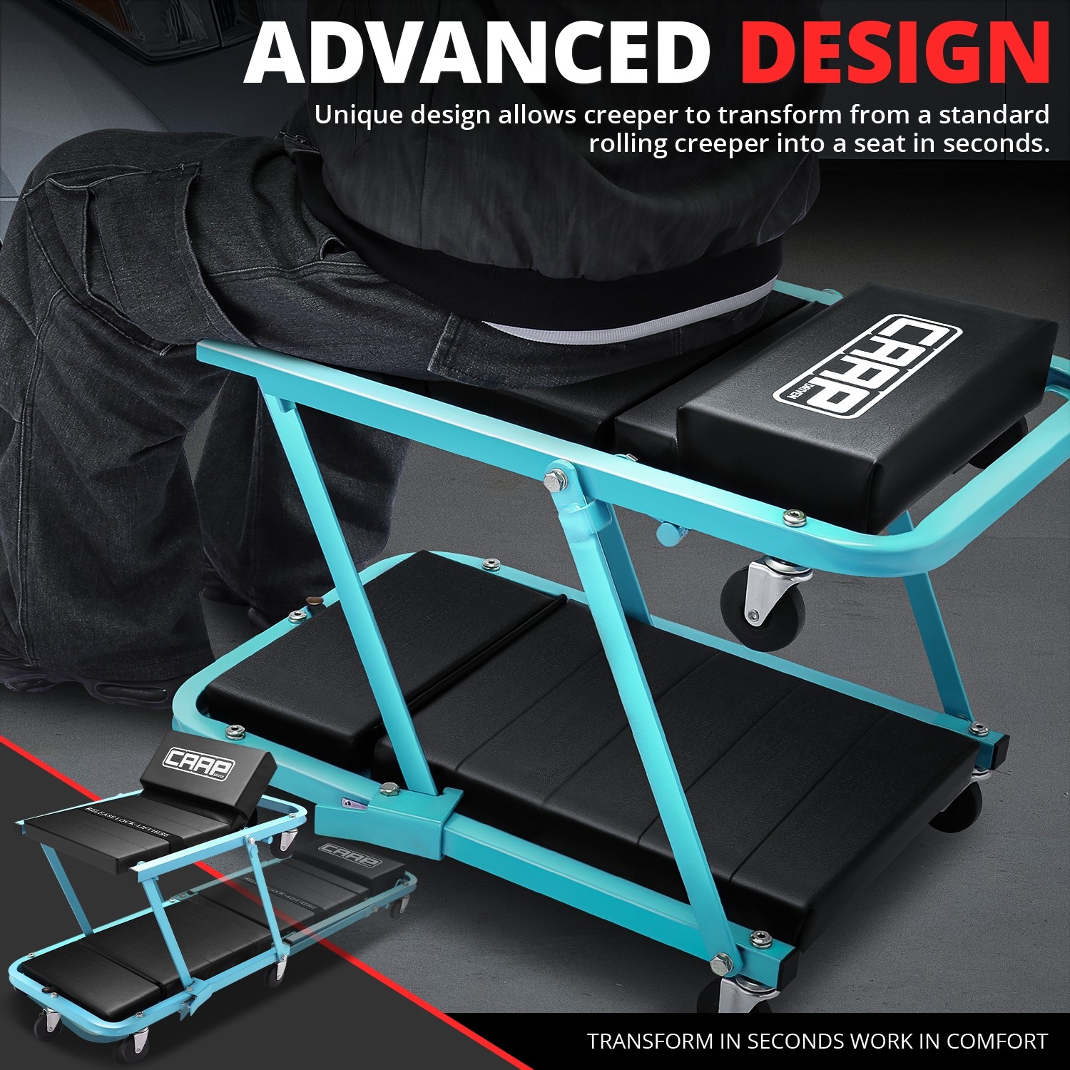 48" 2-in-1 Foldable Z-Creeper Automotive Garage Mechanic Rolling Seat Sky Blue - Image 3