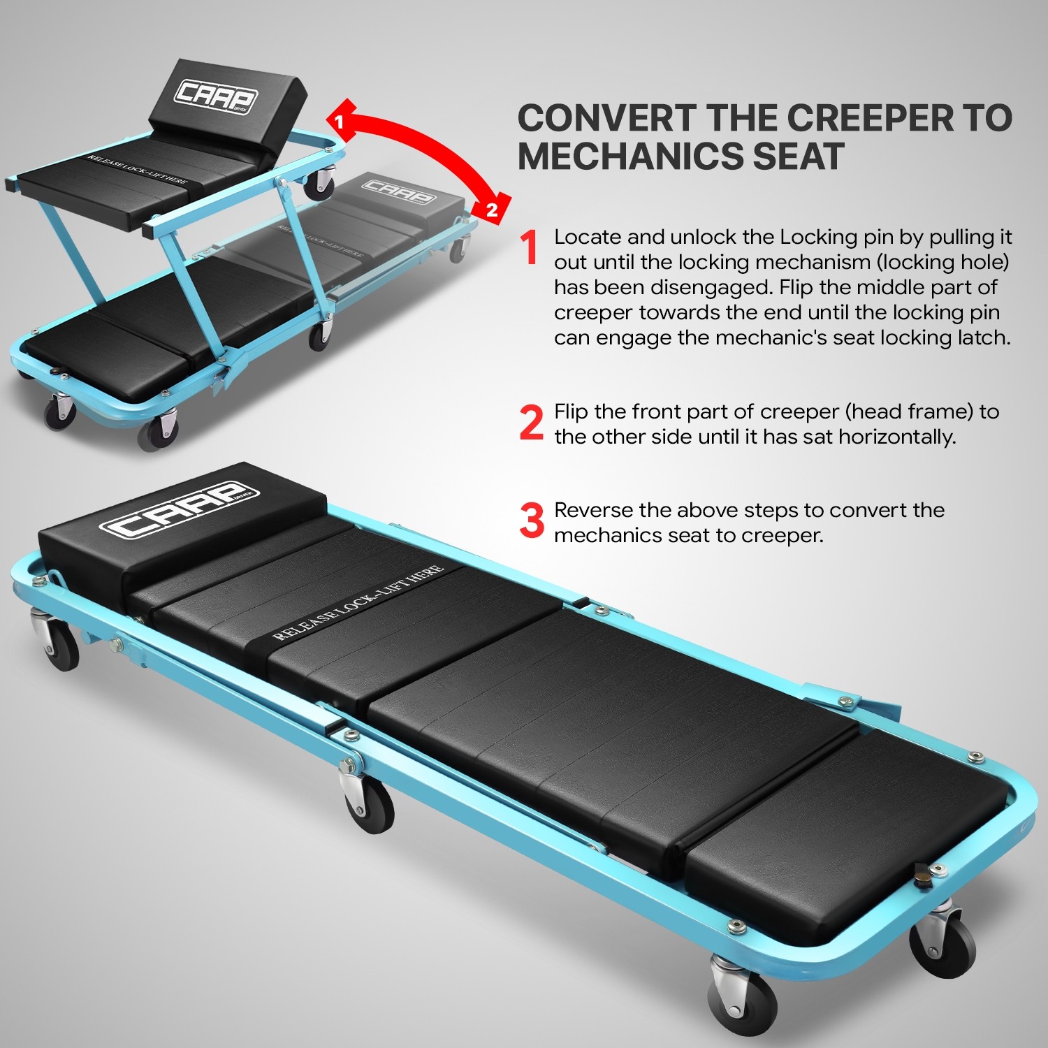 48" 2-in-1 Foldable Z-Creeper Automotive Garage Mechanic Rolling Seat Sky Blue - Image 4