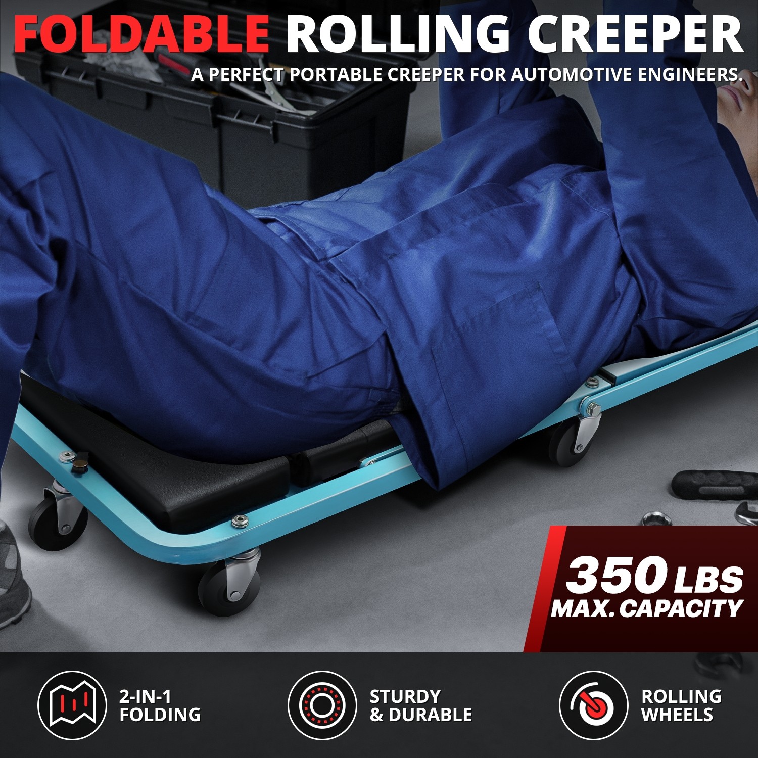 48" Folding Automotive Creeper for Garage Mechanic Rolling Under Car Sky Blue - Image 2
