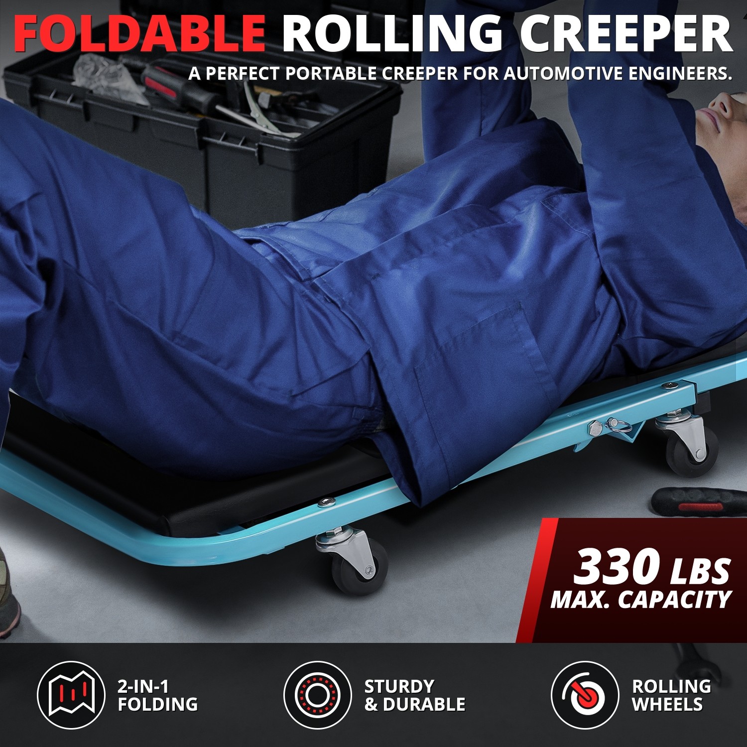 40" Folding Automotive Creeper for Garage Mechanic Rolling Under Car Sky Blue - Image 2