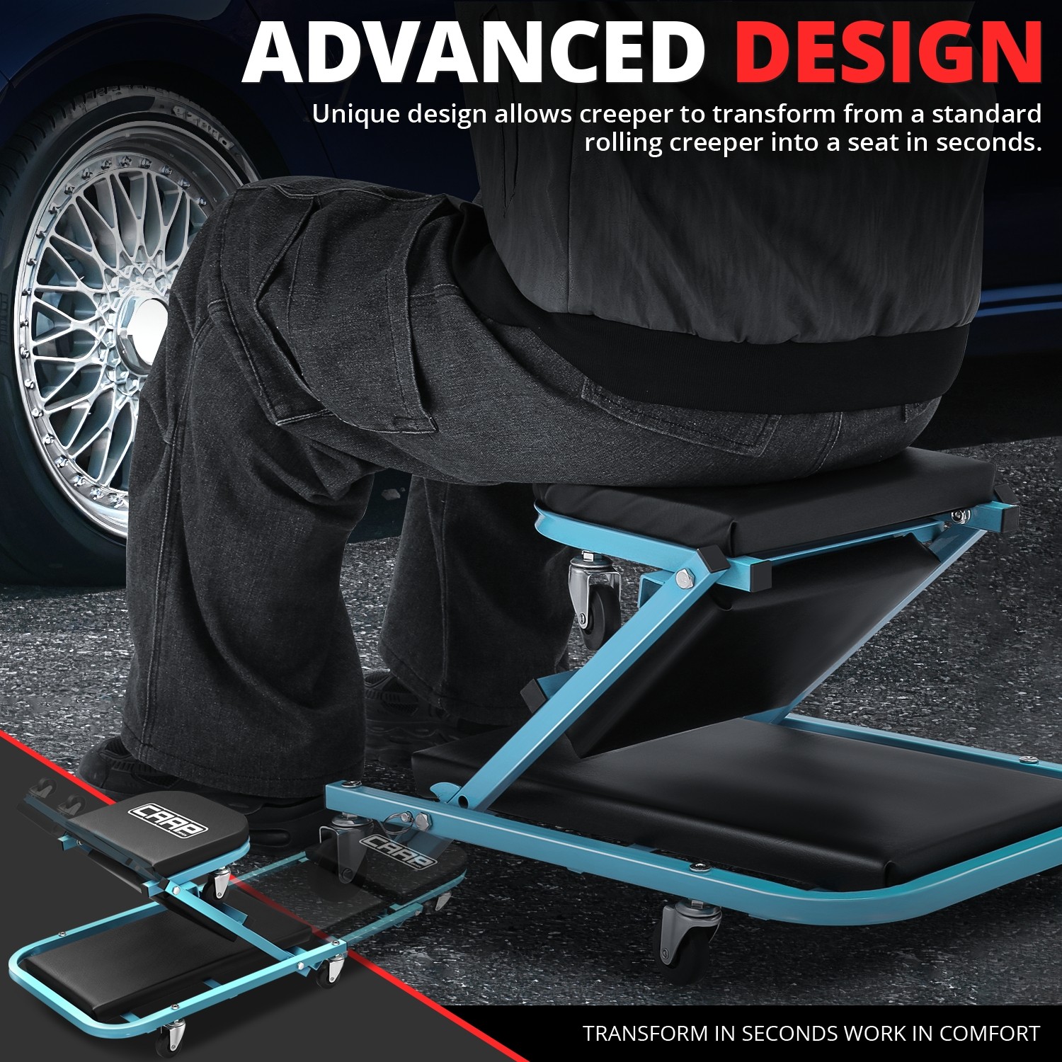40" Folding Automotive Creeper for Garage Mechanic Rolling Under Car Sky Blue - Image 3