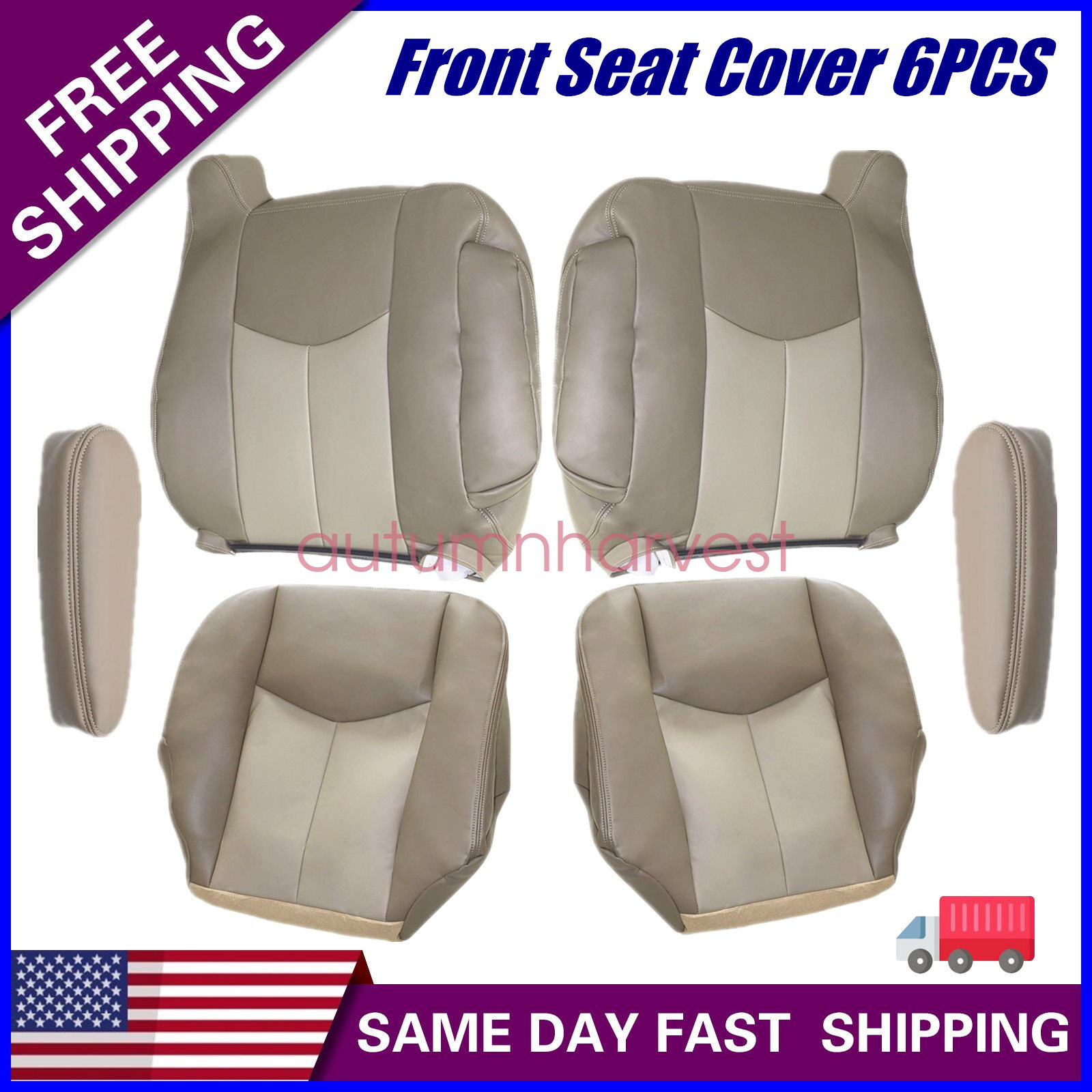 For 2003 2004 2005 2006 GMC Sierra & Yukon Denali Front Leather Seat Covers Tan