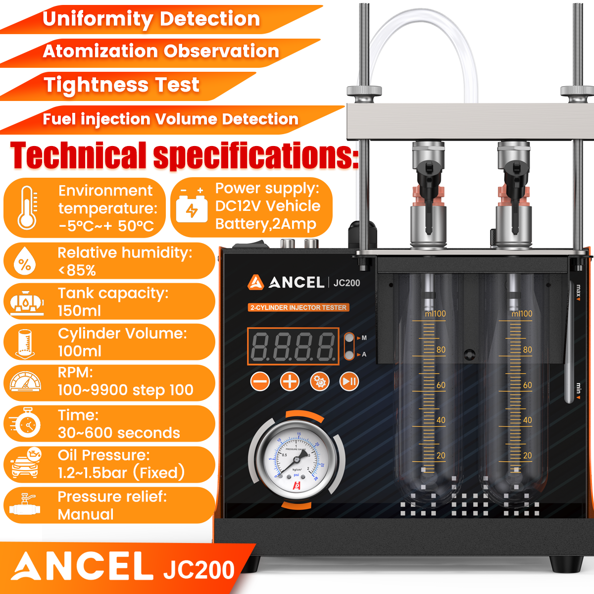 ANCEL JC200 Automotive Fuel Injector Cleaner Injector Cleaning Machine Tester