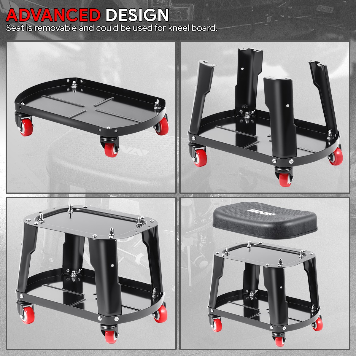 300Lbs Automotive Removable Rolling Garage/Shop Mechanic Stool Seat w/ Tool Tray - Image 4