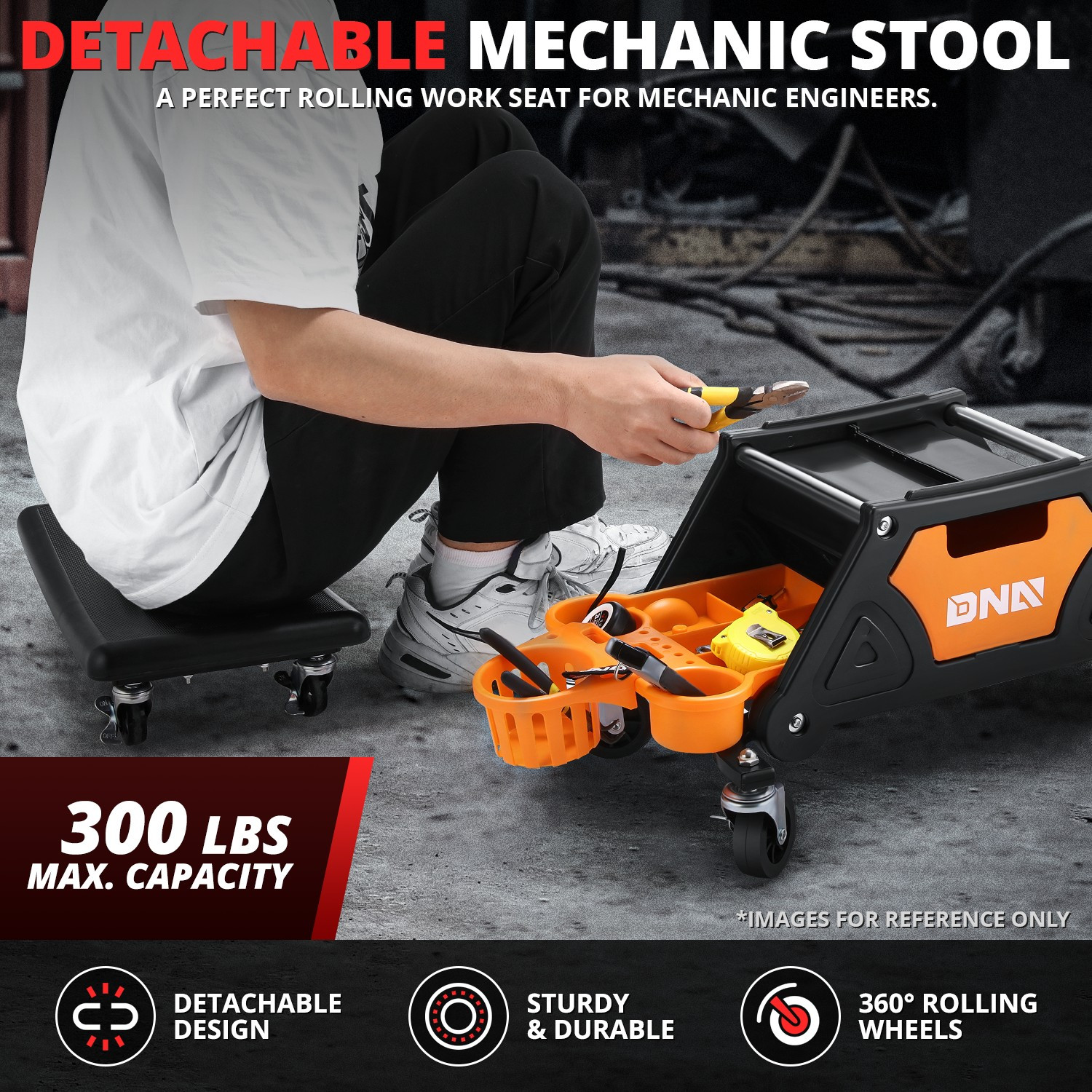 25-1/2" X 13" X 12" Automotive Car Mechanic Stool for Garage Rolling Work Seat - Image 2