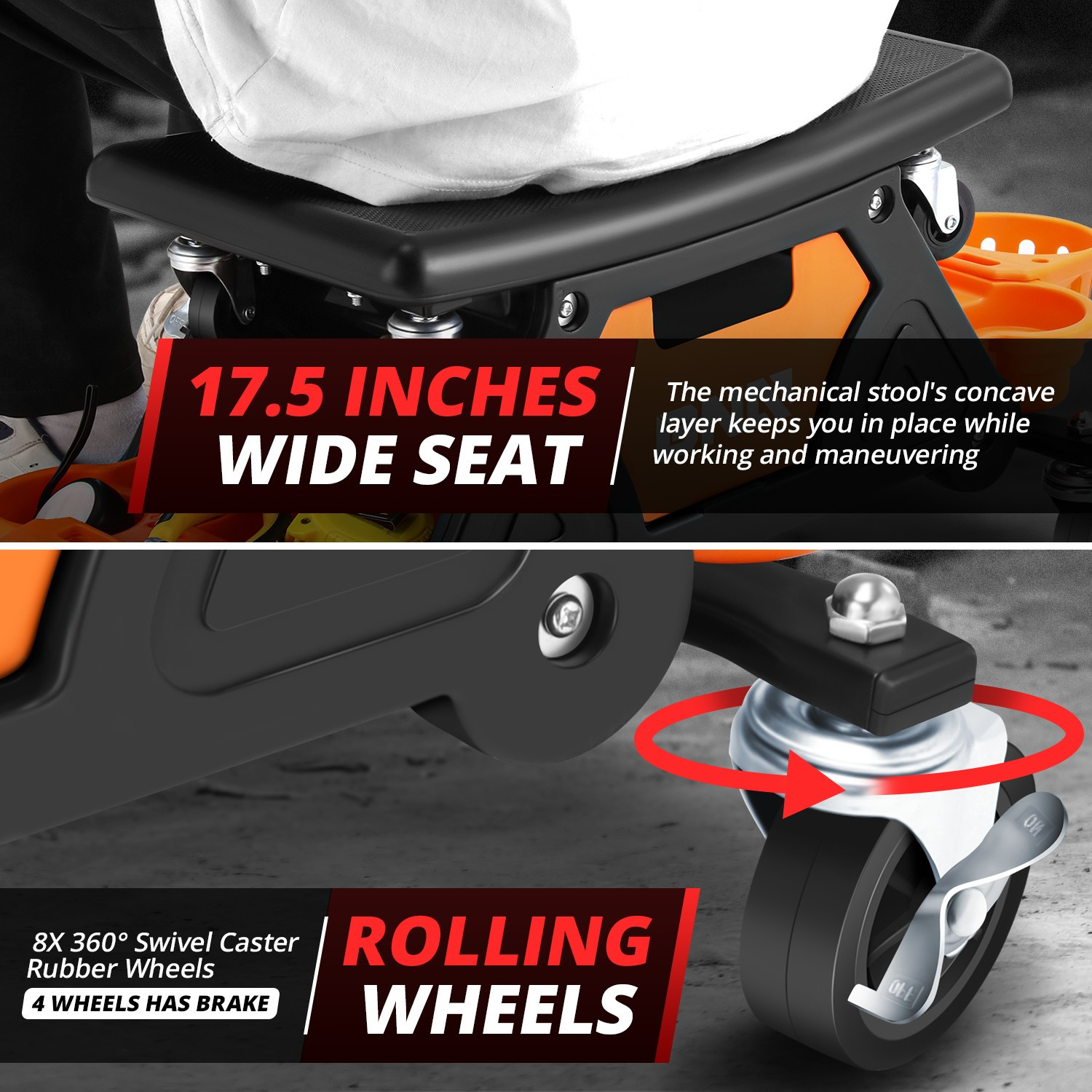 25-1/2" X 13" X 12" Automotive Car Mechanic Stool for Garage Rolling Work Seat - Image 4