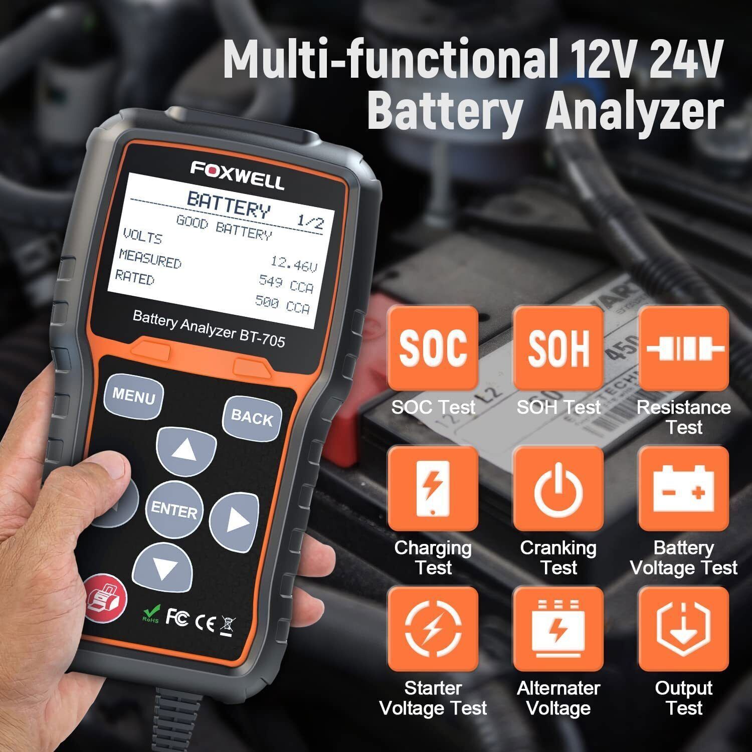 FOXWELL BT705 Truck Car 12/24V Battery Tetser Load Cranking Charging System Test - Image 2