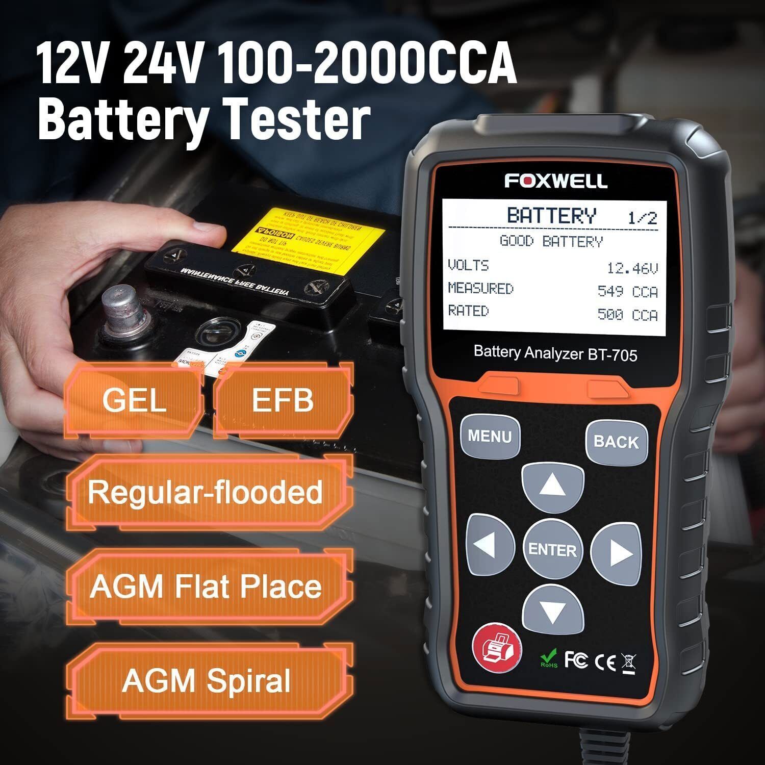 FOXWELL BT705 Truck Car 12/24V Battery Tetser Load Cranking Charging System Test - Image 3