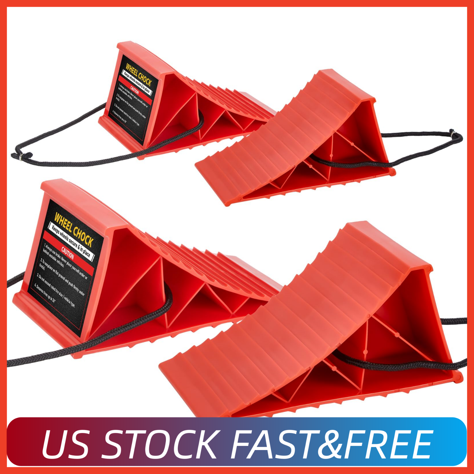Free Shipped 4 Pack Heavy Duty Wheel Chocks with Rope Non-Slip Red US STOCK