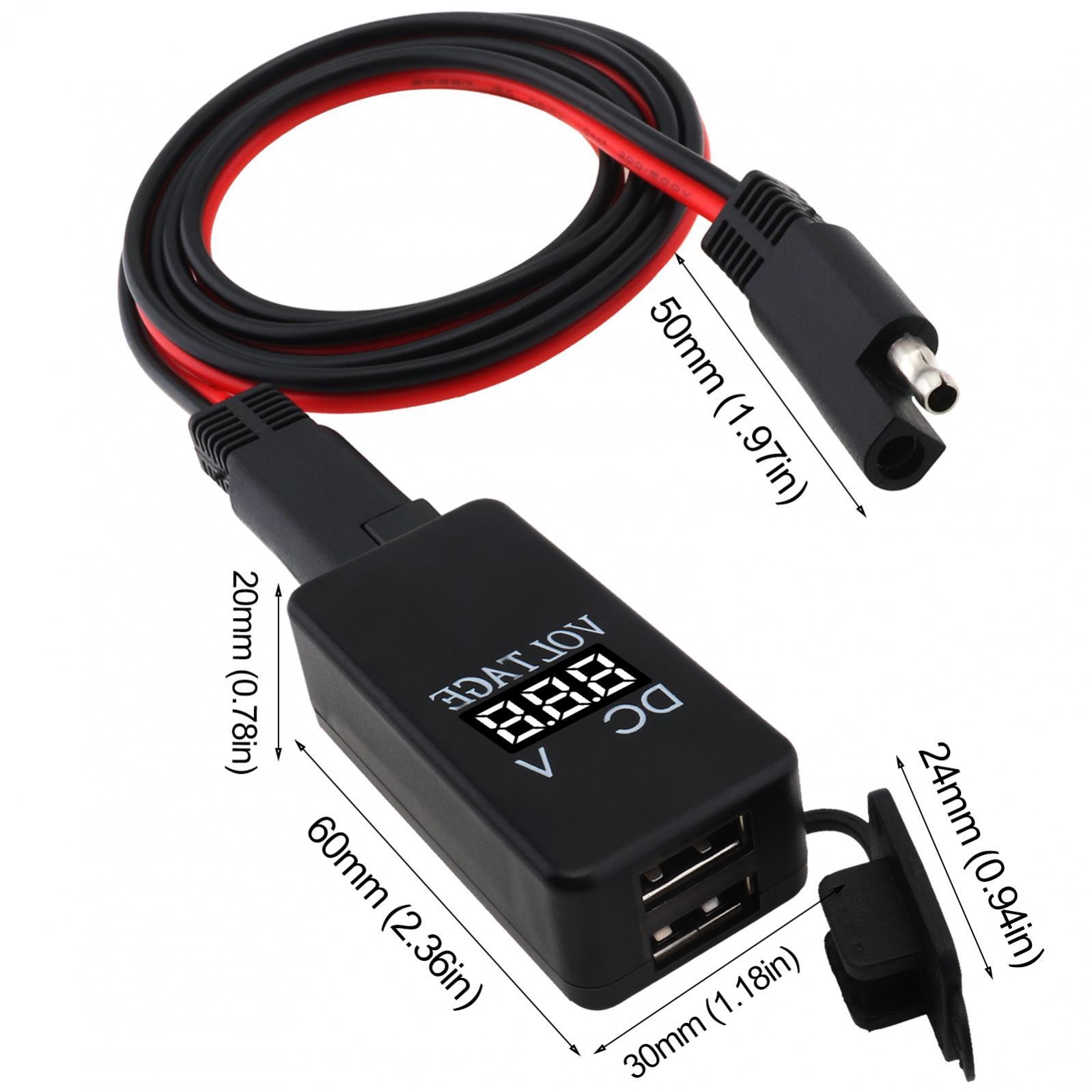 Motorcycle USB Phone Charger Waterproof Dual Port SAE USB Adapter with Voltmeter - Image 2