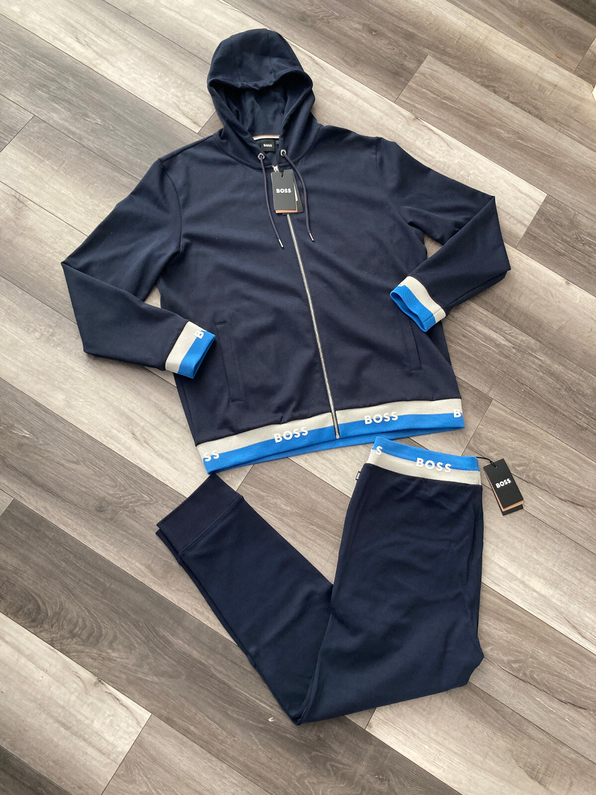 HUGO BOSS Men Navy and Blue Tracksuit 2 Piece Set Jacket 2xl + Pants Large