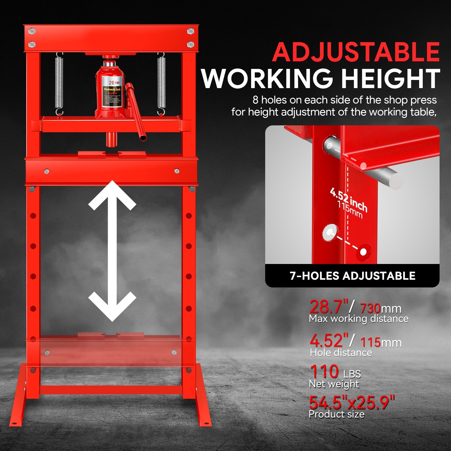 20 Ton Hydraulic Shop Press H-Frame Bearing Press Adjustable Benchtop Work Table - Image 3