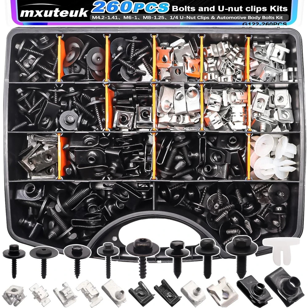 260PCS U-Nut Clips & Automotive Body Fender Bolts Kit,for Most Cars Fender,En...
