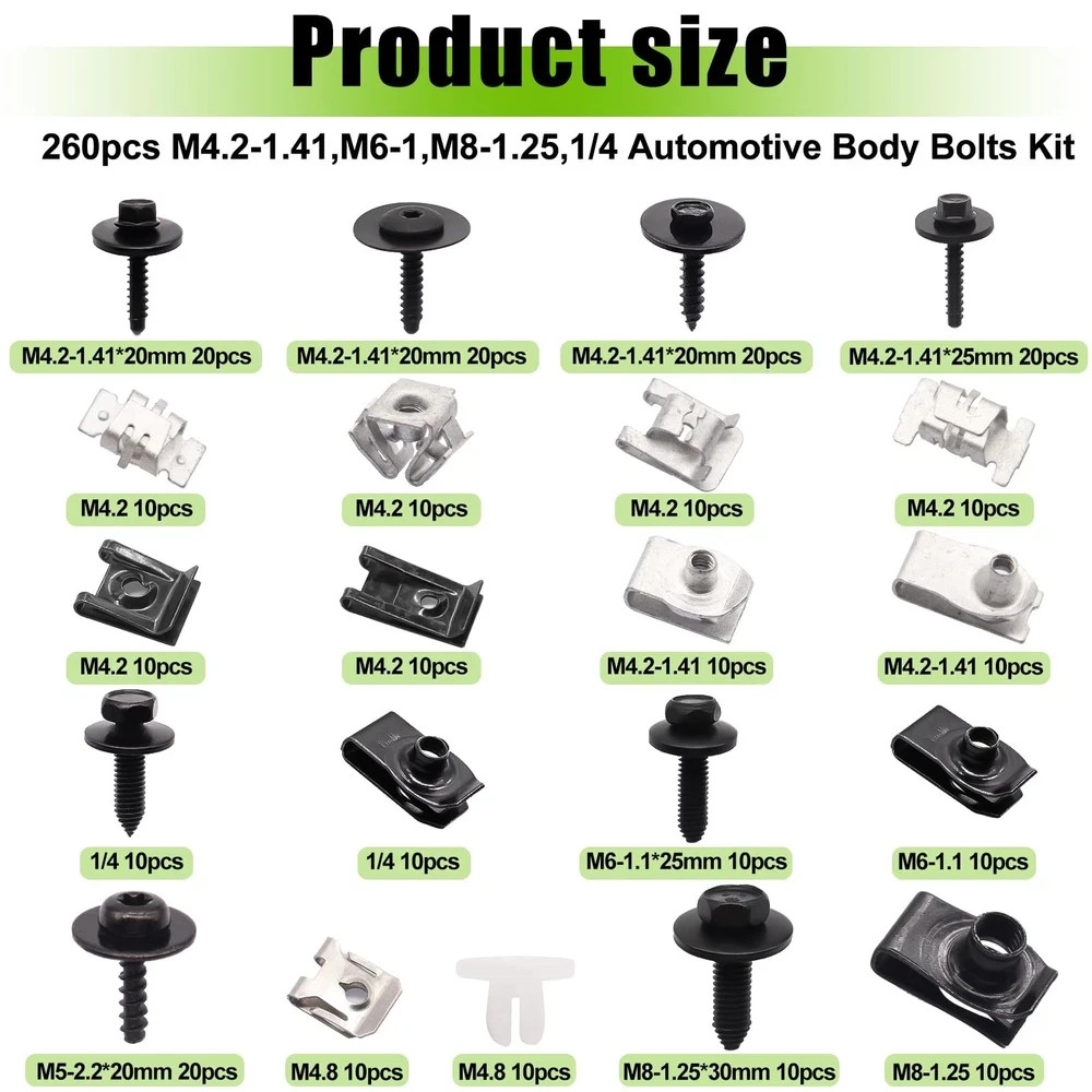 260PCS U-Nut Clips & Automotive Body Fender Bolts Kit,for Most Cars Fender,En... - Image 3