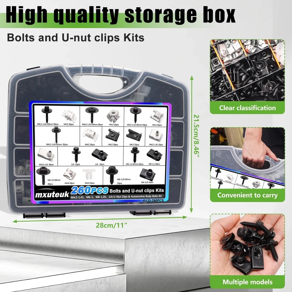 260PCS U-Nut Clips & Automotive Body Fender Bolts Kit,for Most Cars Fender,En... - Image 4