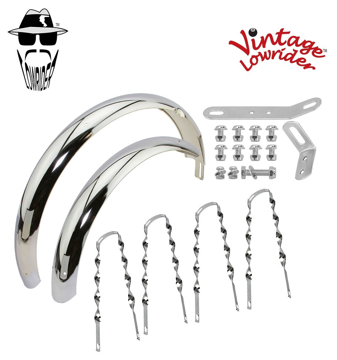 VINTAGE LOWRIDER 20" CLASSIC ADJUSTABLE CHROME FENDER SET W/ FLAT TWISTED BRACES