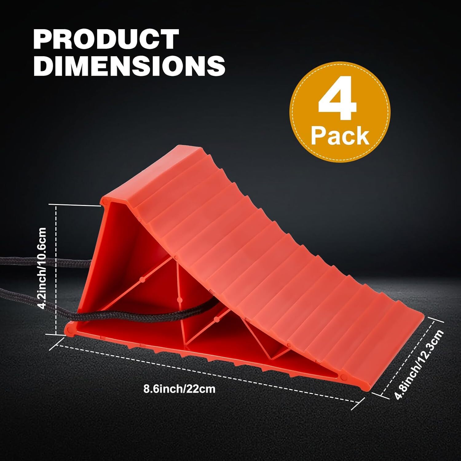 4 Pack Heavy Duty Wheel Chocks with Rope for Easy Removal, Durable, Non-Slip Red - Image 2