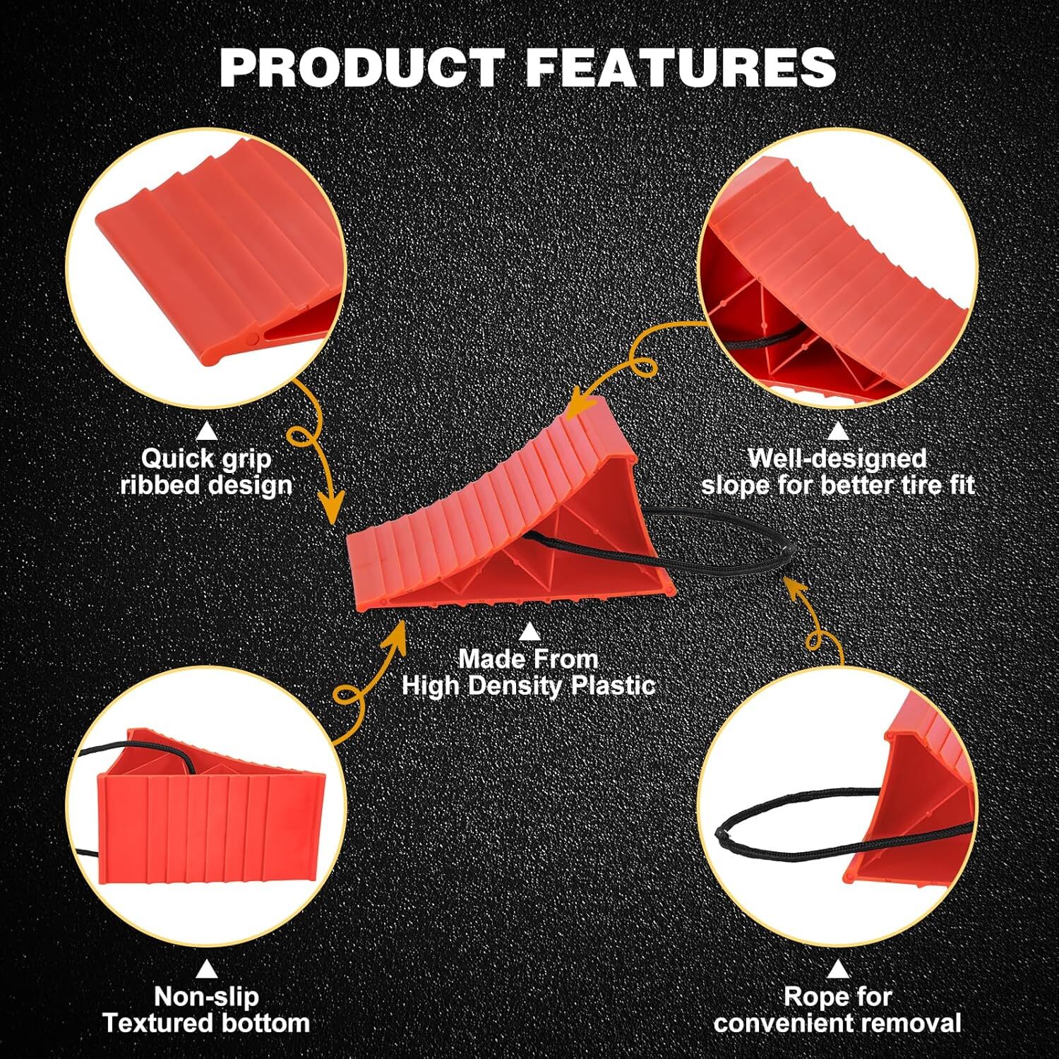 4 Pack Heavy Duty Wheel Chocks with Rope for Easy Removal, Durable, Non-Slip Red - Image 3