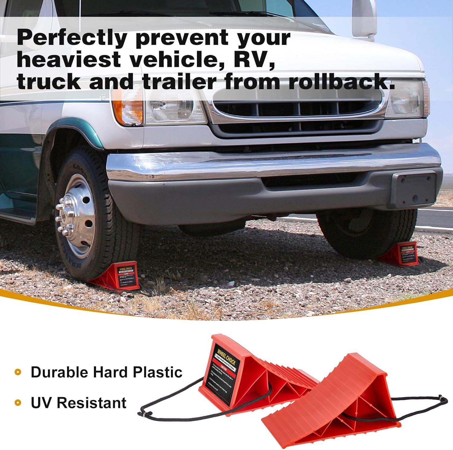 4 Pack Heavy Duty Wheel Chocks with Rope for Easy Removal, Durable, Non-Slip Red - Image 5
