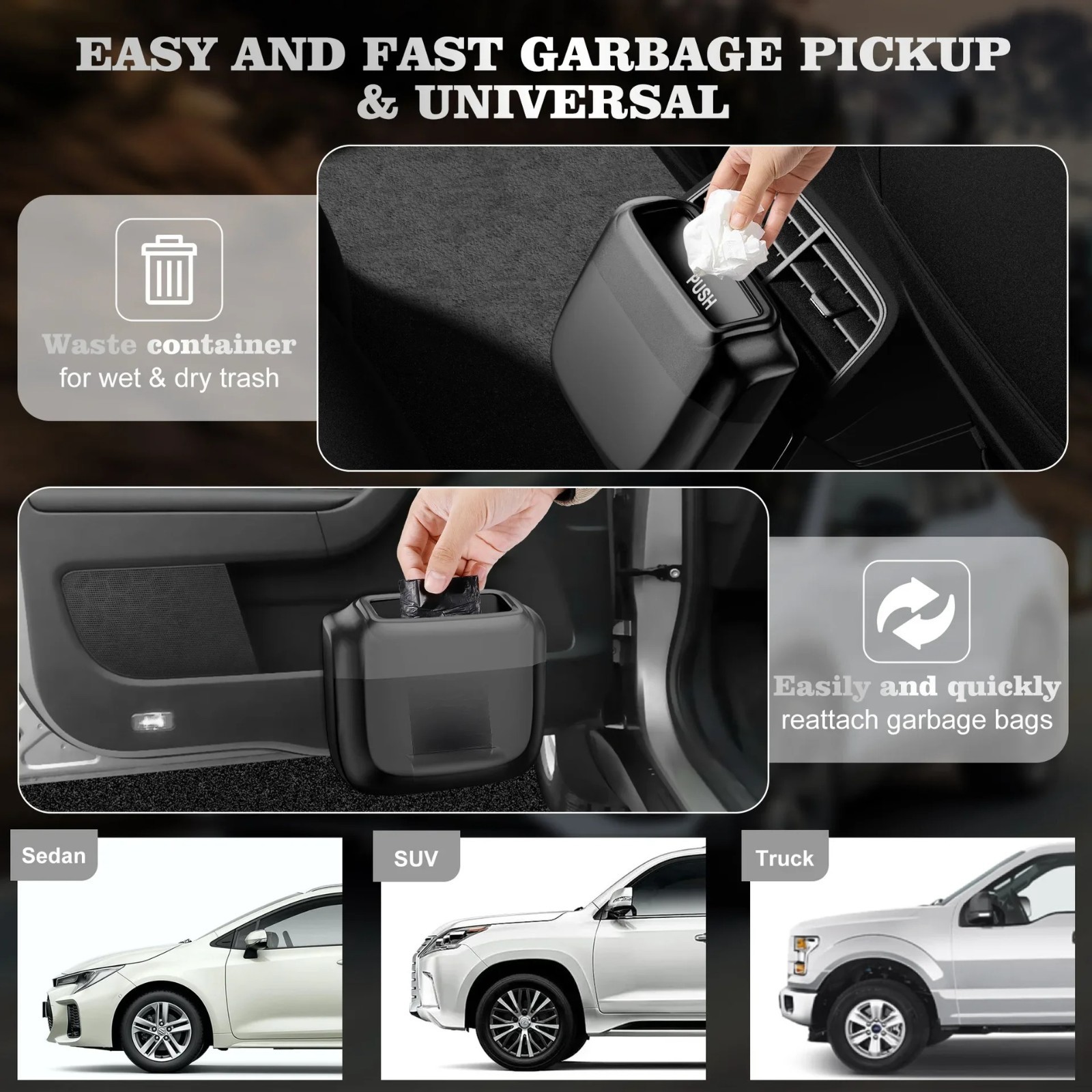 Portable Car Trash Can Garbage Bin Bag Organizer for Vehicles Waterproof Black - Image 3