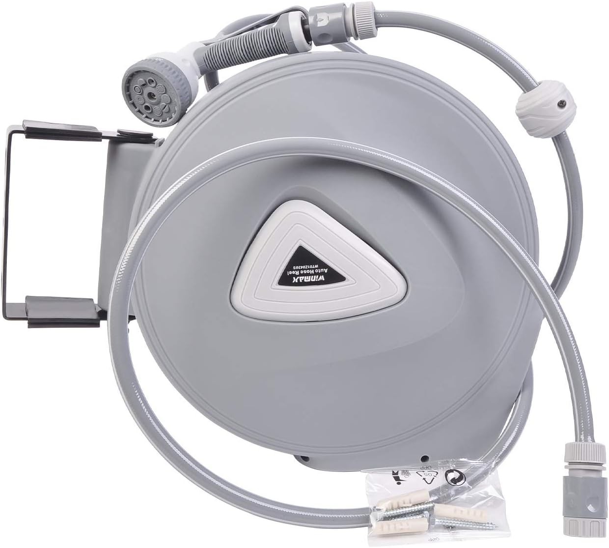 Retractable Garden Water Hose Reel Storage Gun Rewind 65 Feet, Grey, White