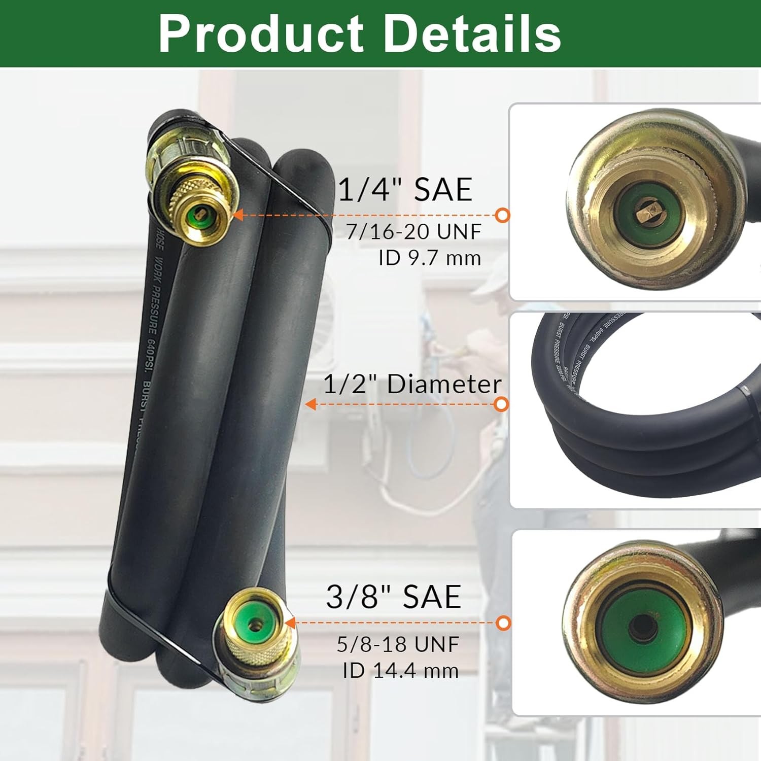 1/2" HVAC Vacuum Hose, 3/8" to 1/4" SAE Fittings High-Flow Refrigerant Hoses, 20 - Image 2