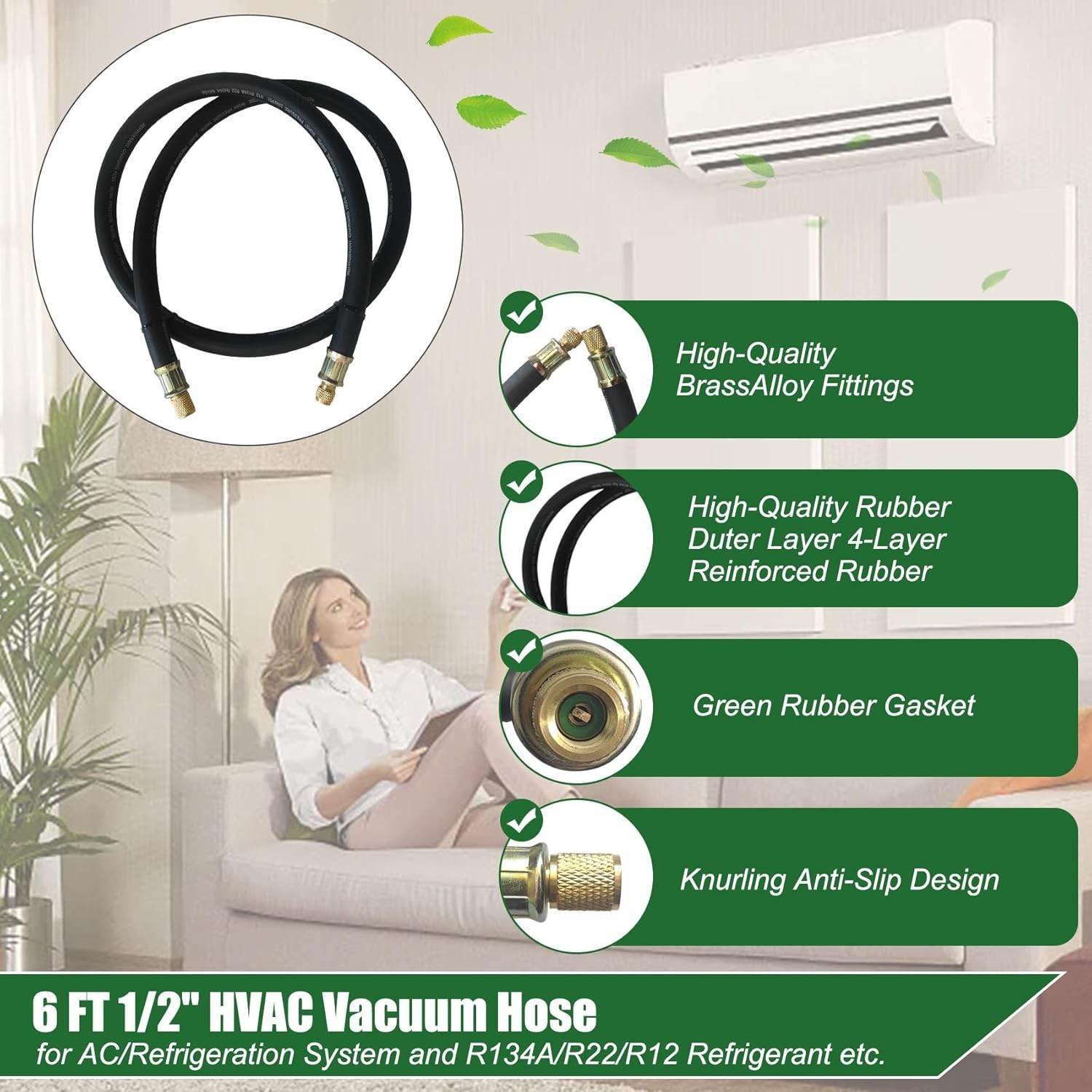 1/2" HVAC Vacuum Hose, 3/8" to 1/4" SAE Fittings High-Flow Refrigerant Hoses, 20 - Image 3