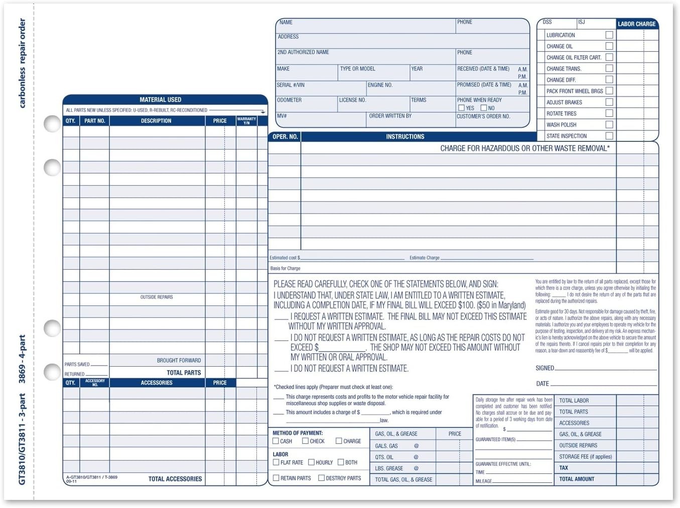Automotive Service Documentation - 3-Part Repair Order Forms, 250 Sheets - Image 3