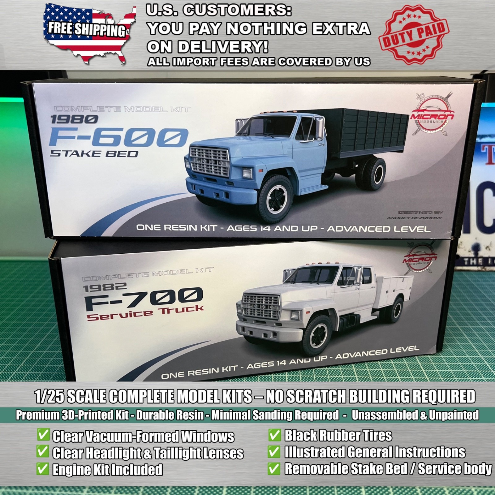 2-Kit Combo – 1/25 Ford F-600 Stake Bed & F-700 Service Truck Resin Model Kits