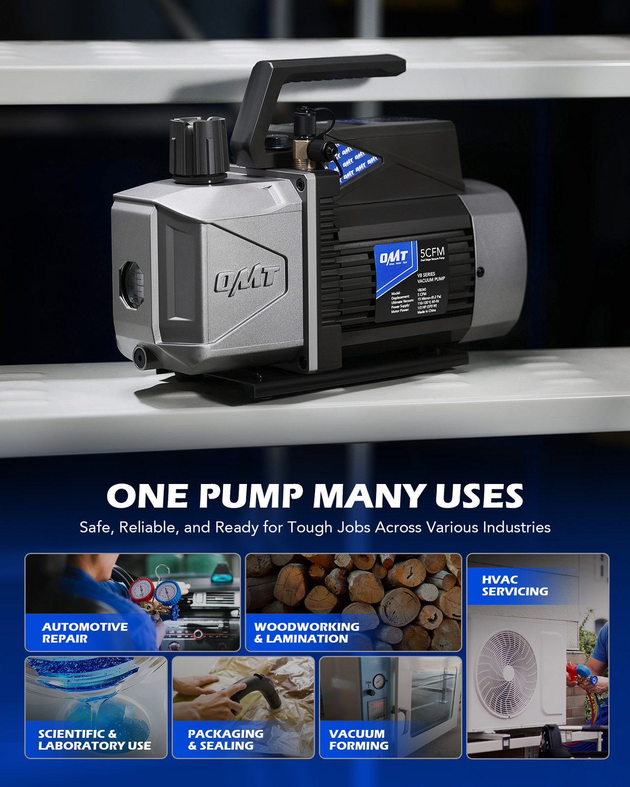 OMT 5 cfm Sparkless Ignition Proof Vacuum Pump for Automotive HVAC Servicing - Image 3