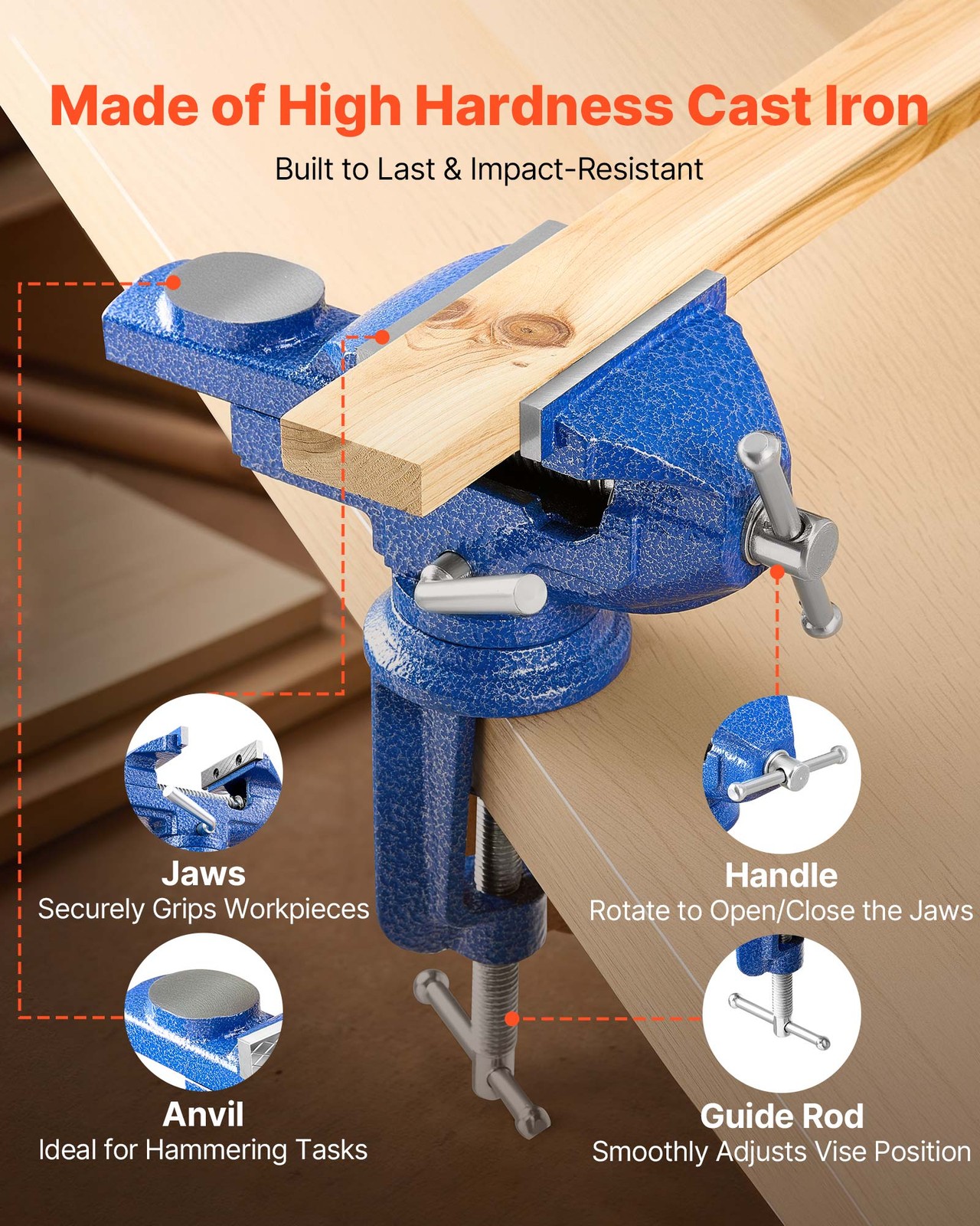 VEVOR Bench Vise 3 Inch Portable Workbench Vice Clamp 360° Swivel Base Cast Iron - Image 5