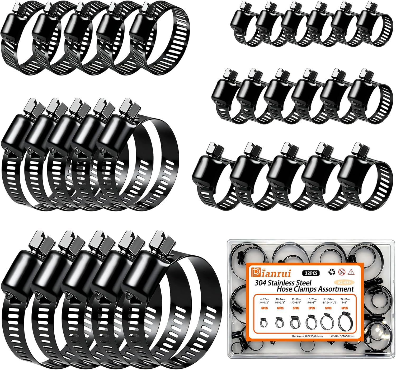 32 PCS Black Hose Clamps Assortment Kit 1/4"–2" (6-51Mm) Hose Clamps Stainless