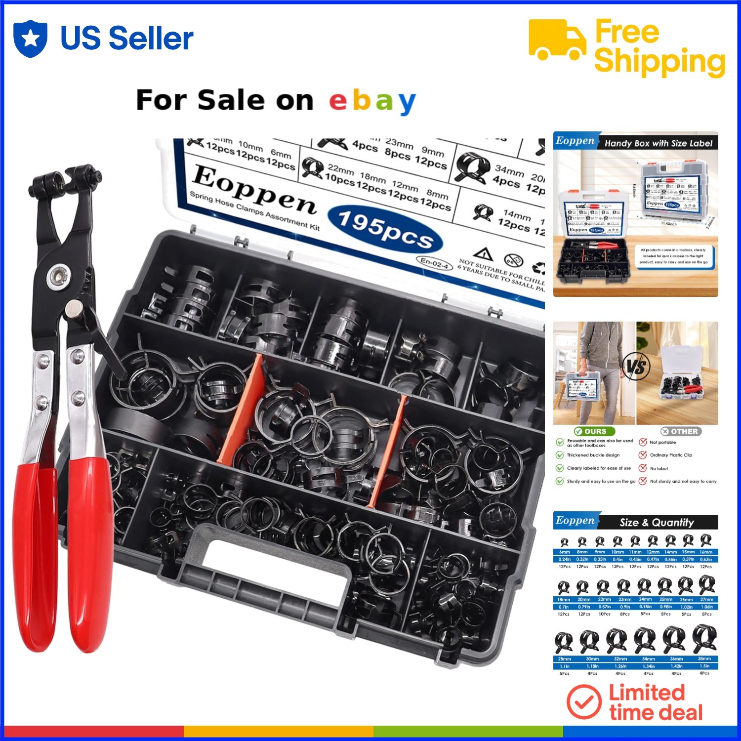 195pcs Spring Hose Clamps Assortment Kit with Pliers for Automotive Repair