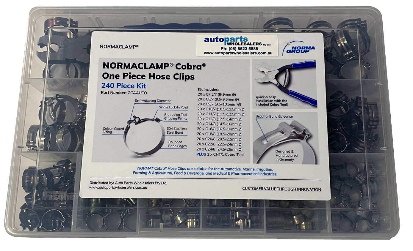 NORMA COBRA HOSE CLIPS CLAMPS AUTOMOTIVE KIT 240 PIECES WITH INSTALLATION PLIERS