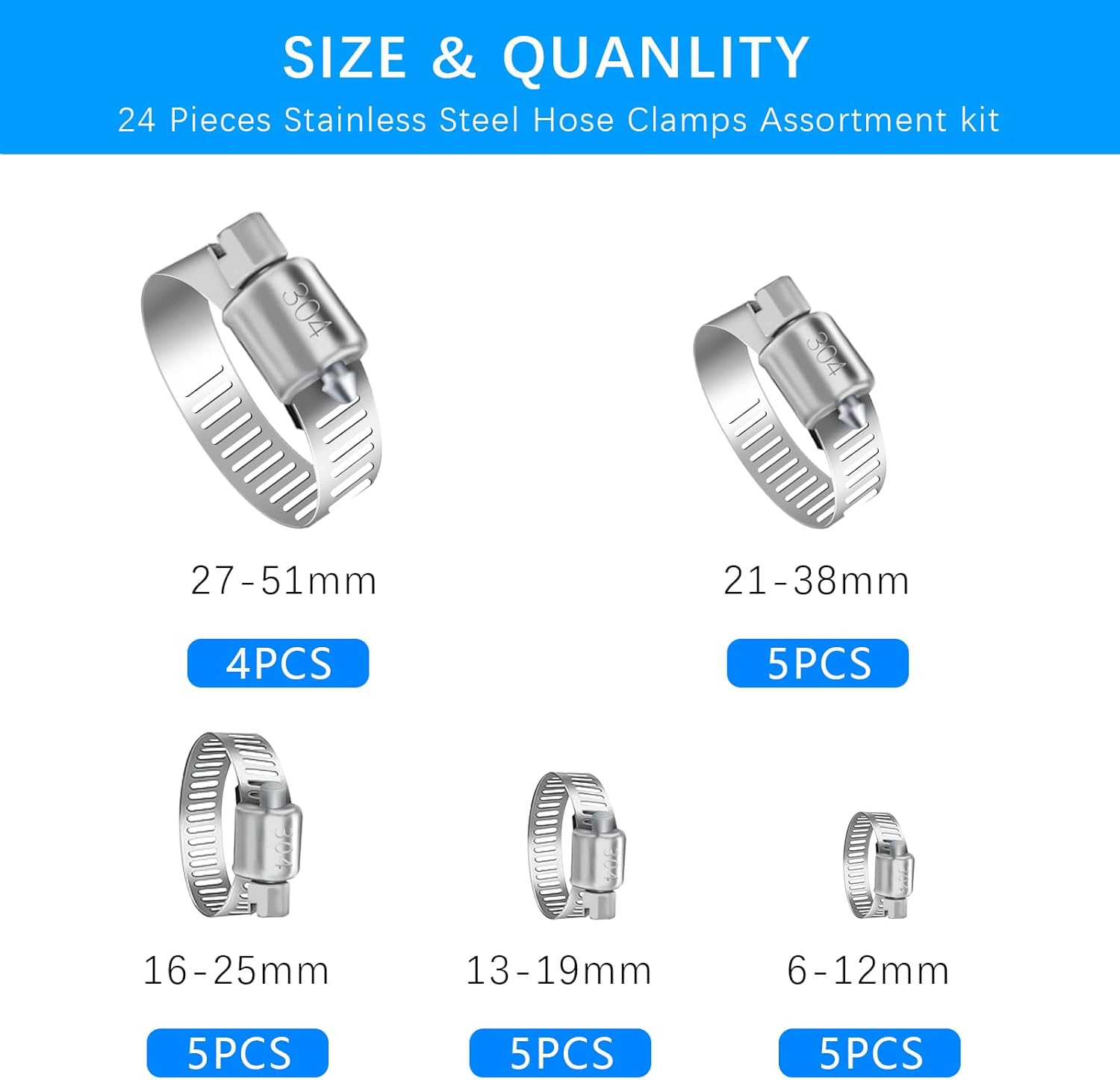 24Pcs Stainless Steel Hose Clamps Assortment Kit 1/4-2 Adjustable Set - Image 2