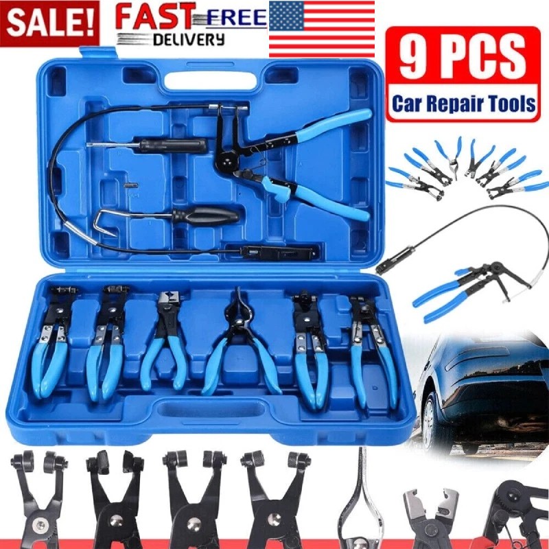 Automotive Flexible Hose Clamp Clip Pliers Kit Swivel Jaw Flat Angled Band Tool