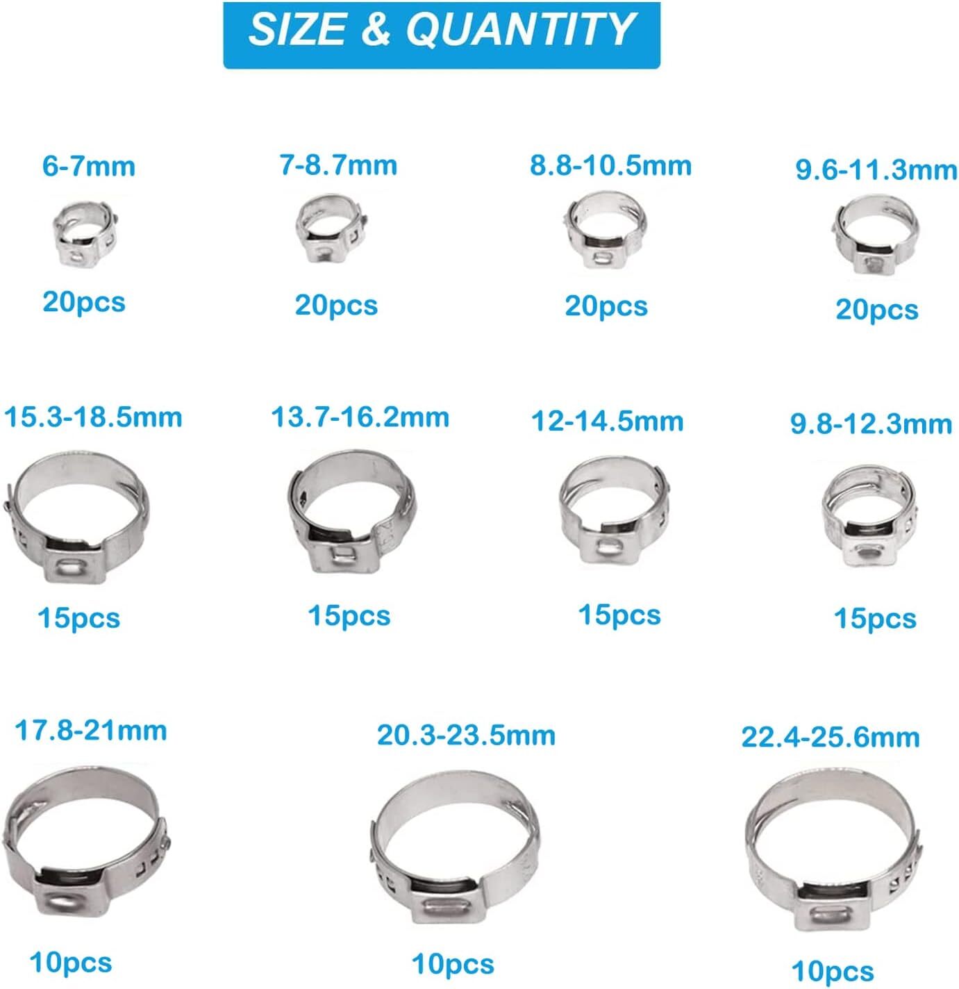 170-Piece Single Ear Hose Clamp Kit: 11 Sizes for Water Pipe and Automotive Use - Image 2