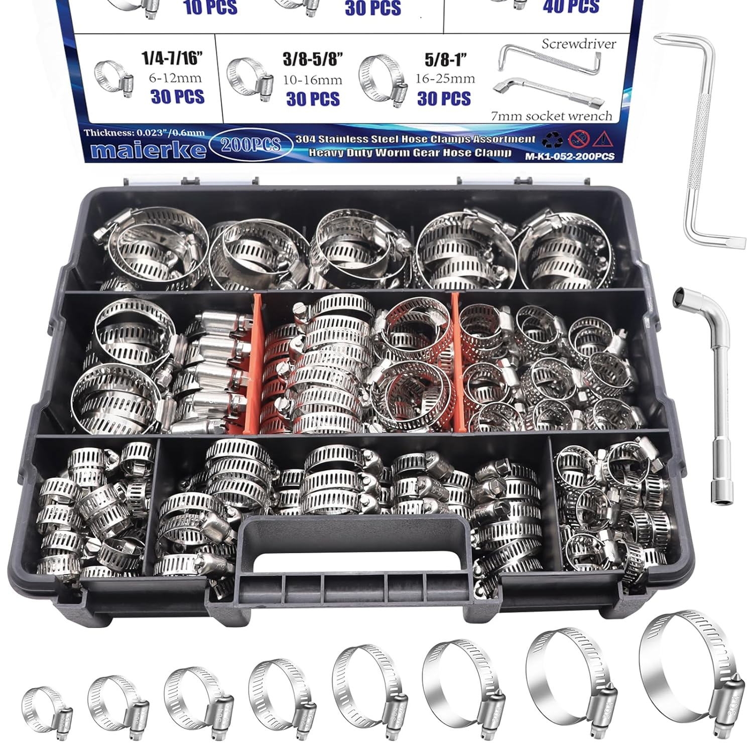 200PCS Steel Hose Clamps Assortment Kit Metal Adjustable for Automotive,Radiato