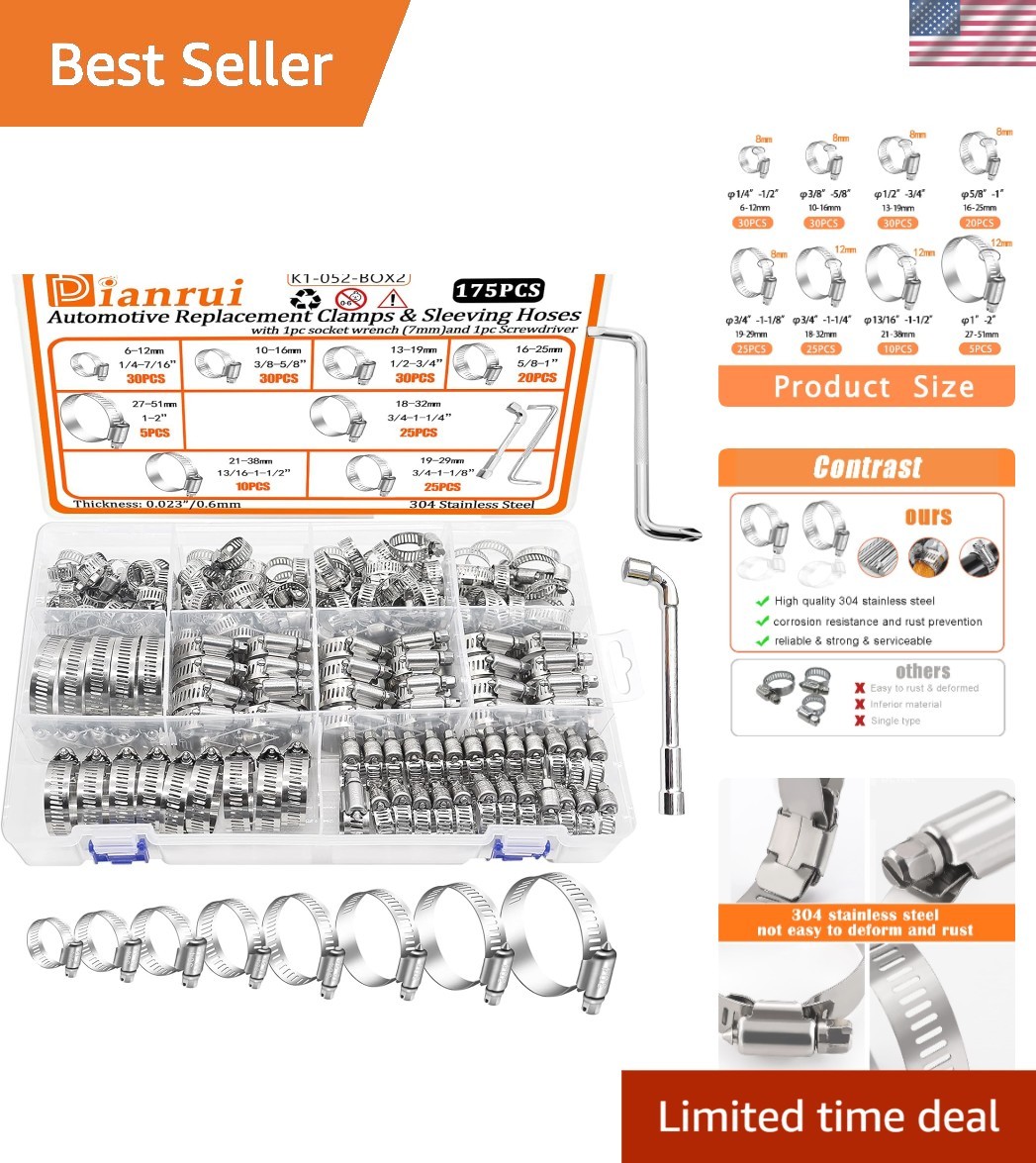 Stainless Steel 175-Piece Hose Clamp Kit 1/4"-2" - Ideal for Automotive & Marine