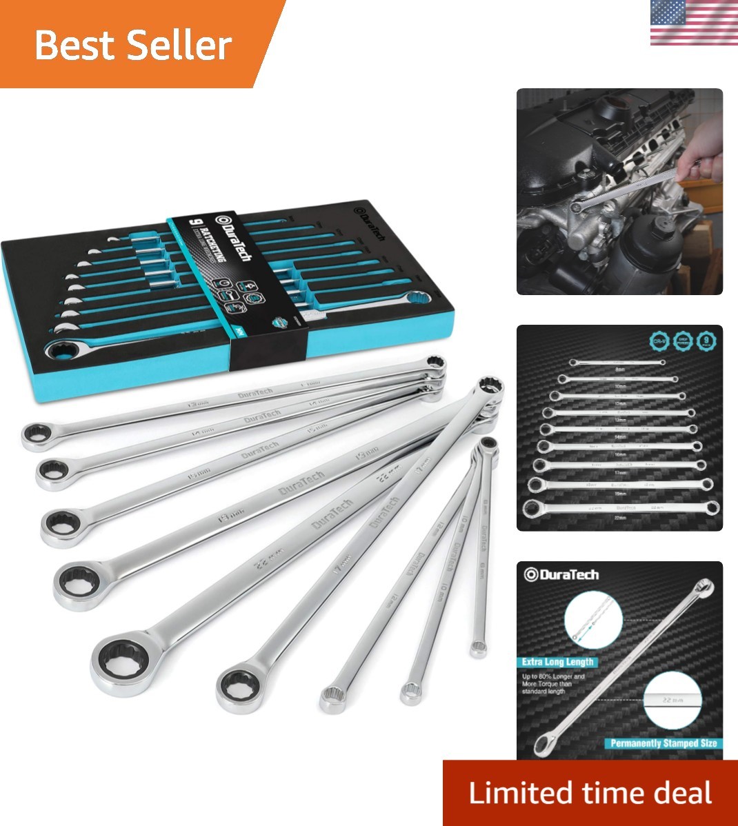 Extra Long Ratcheting Wrench Set with EVA Foam Organizer in Metric Sizes (9-P...