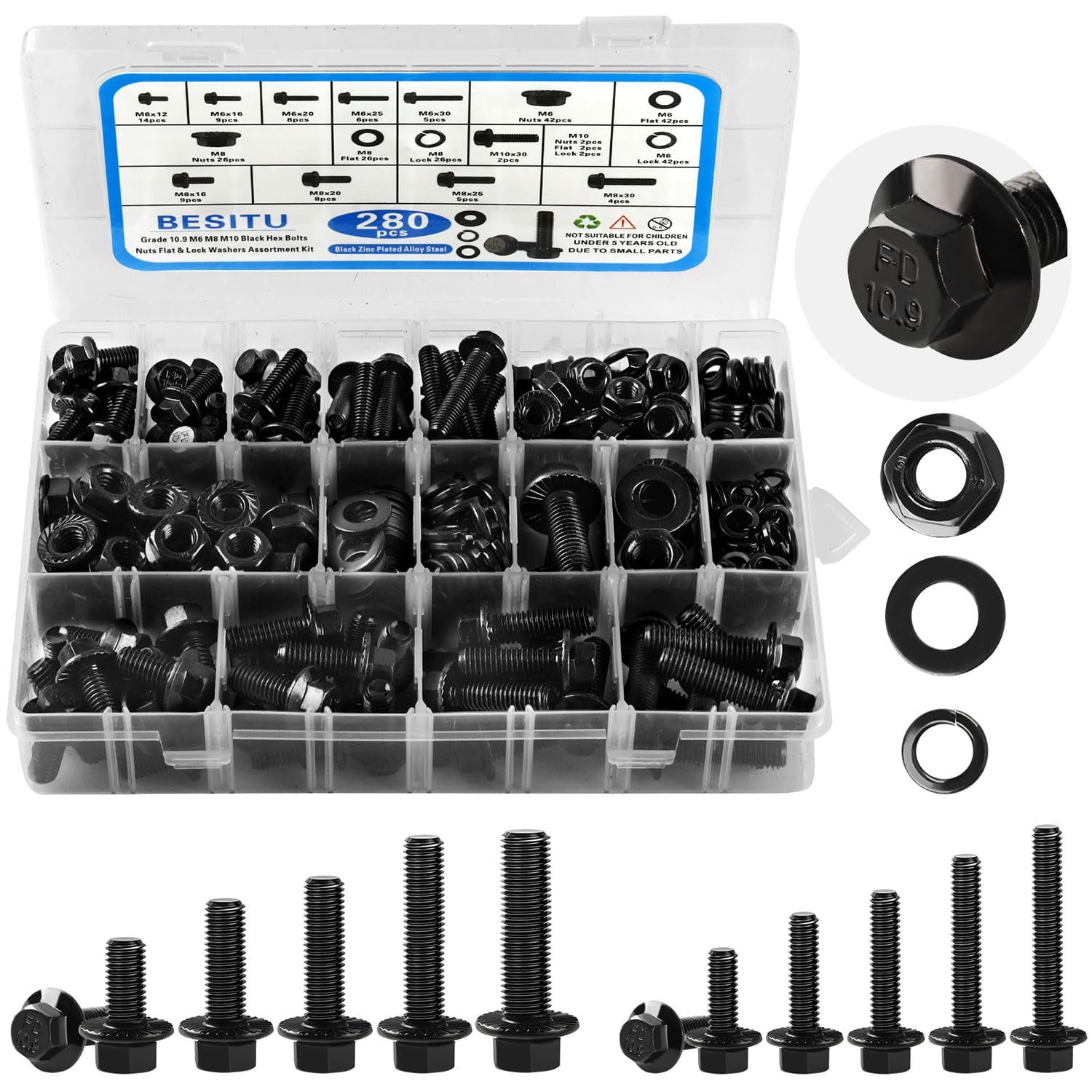 280Pc Metric Flange Bolt Kit M6-M10 Hex Bolts Nuts Washers Automotive Hardware