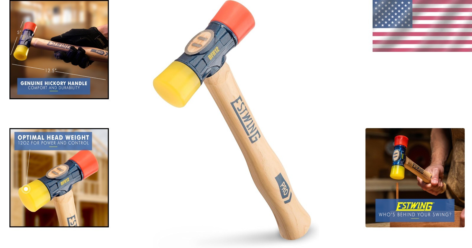 Rubber Mallet 12 oz Double-Face Hammer Soft Hard Tips Hickory Handle - Image 2
